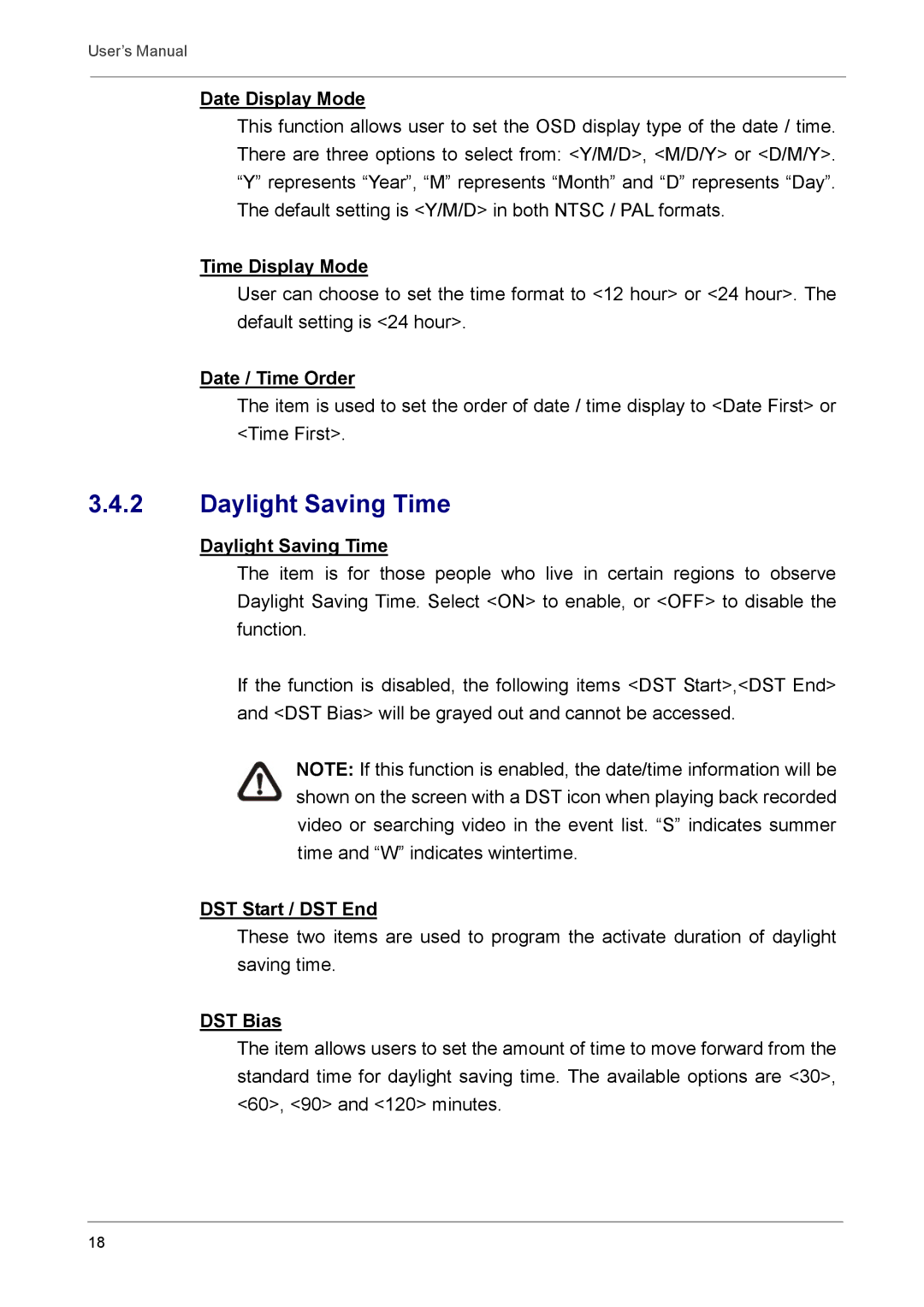 Optiview DVR user manual Daylight Saving Time 