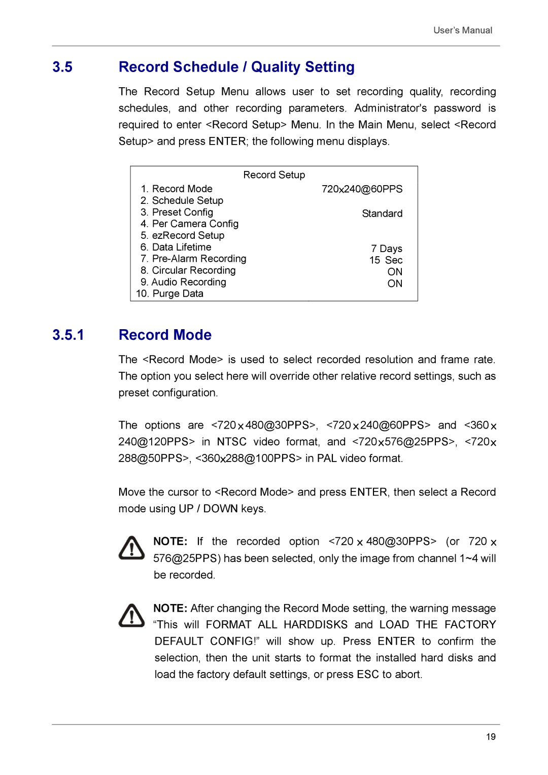 Optiview DVR user manual Record Schedule / Quality Setting, Record Mode 