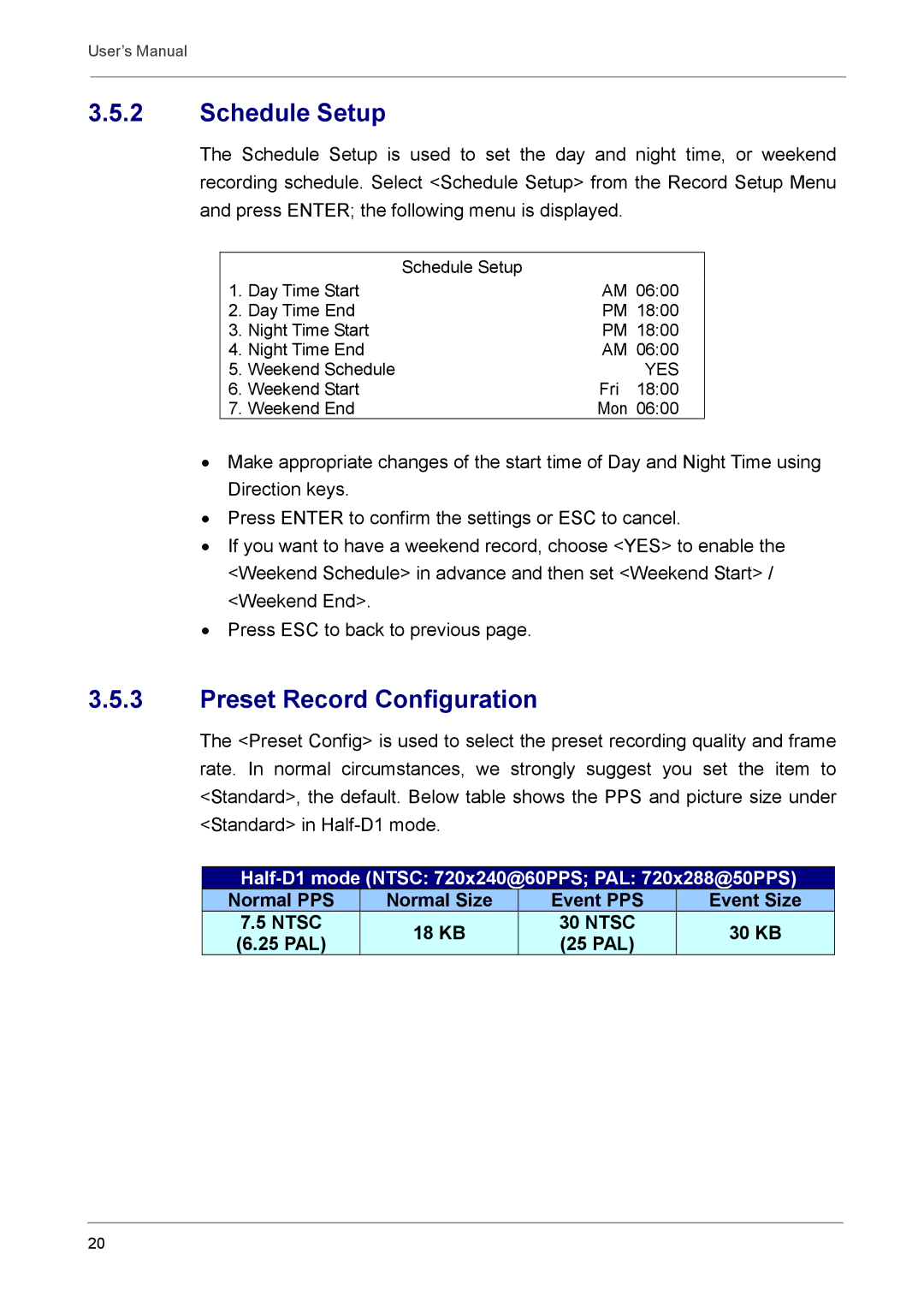 Optiview DVR user manual Schedule Setup, Preset Record Configuration 