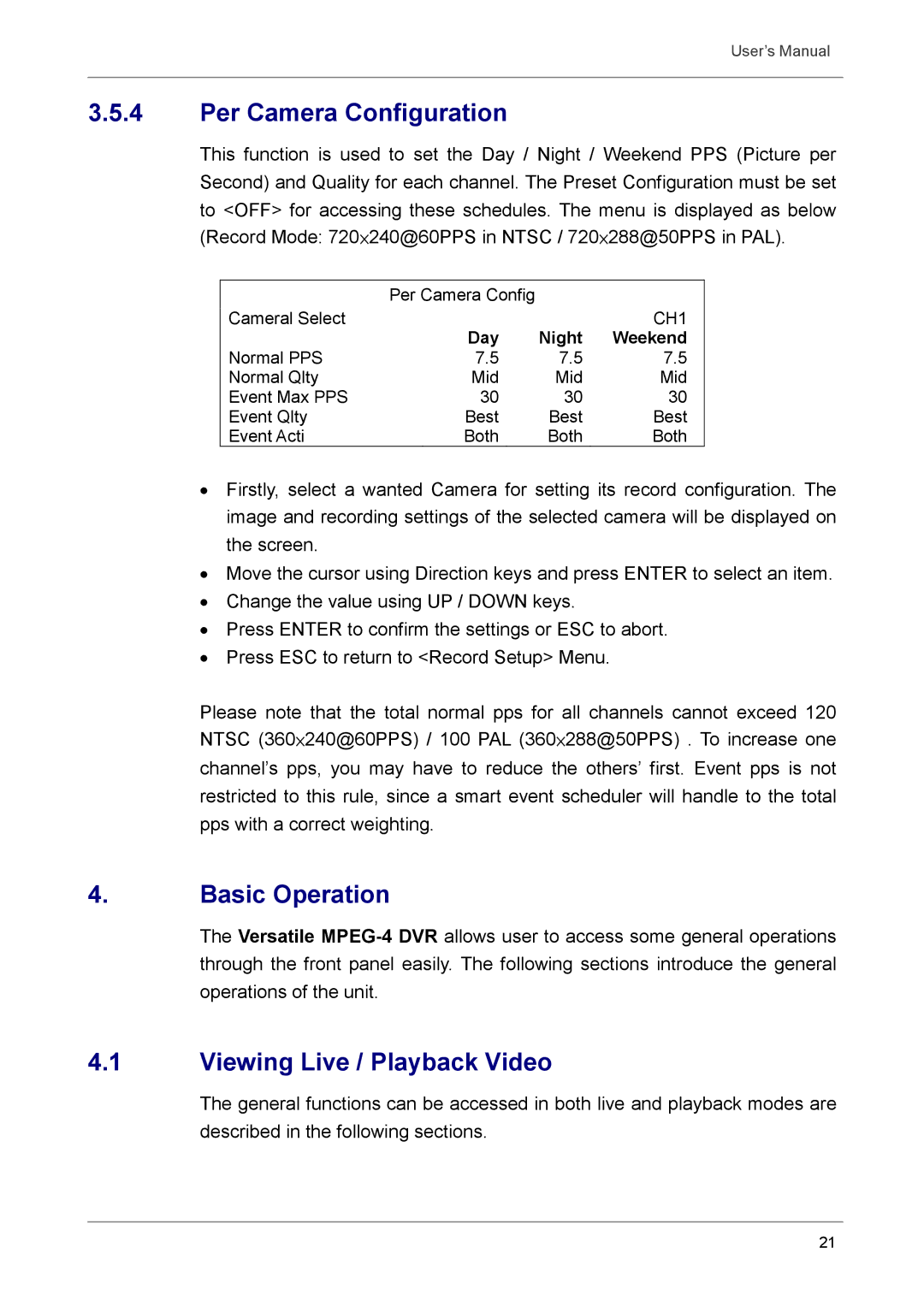 Optiview DVR user manual Per Camera Configuration, Basic Operation, Viewing Live / Playback Video 