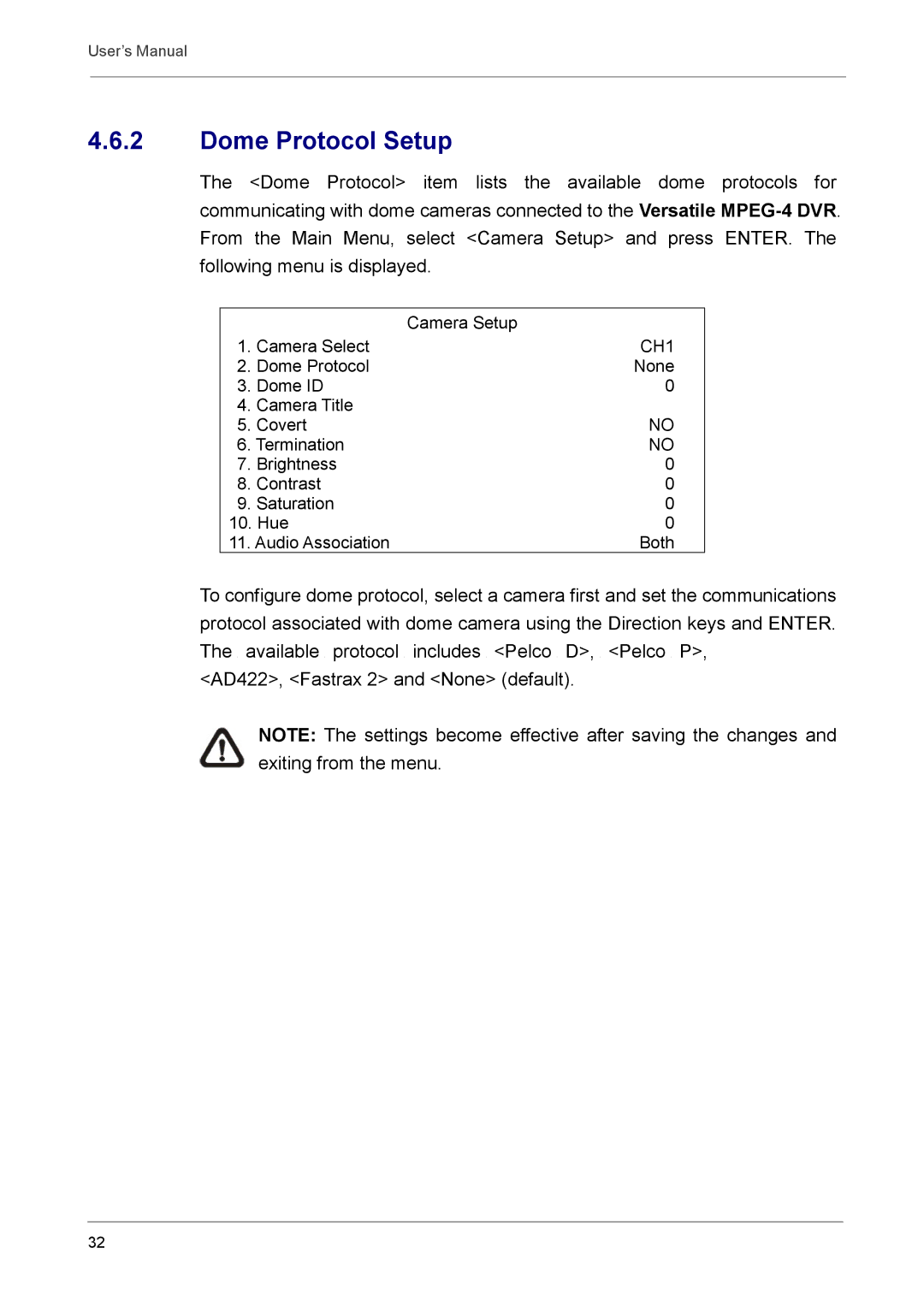 Optiview DVR user manual Dome Protocol Setup 