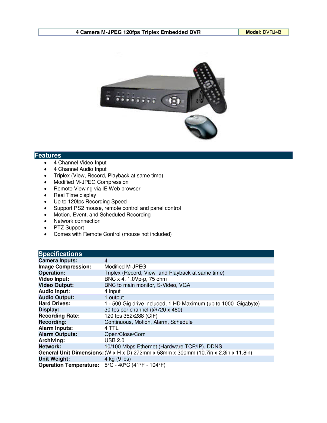 Optiview DVRJ4B specifications Features, Specifications 