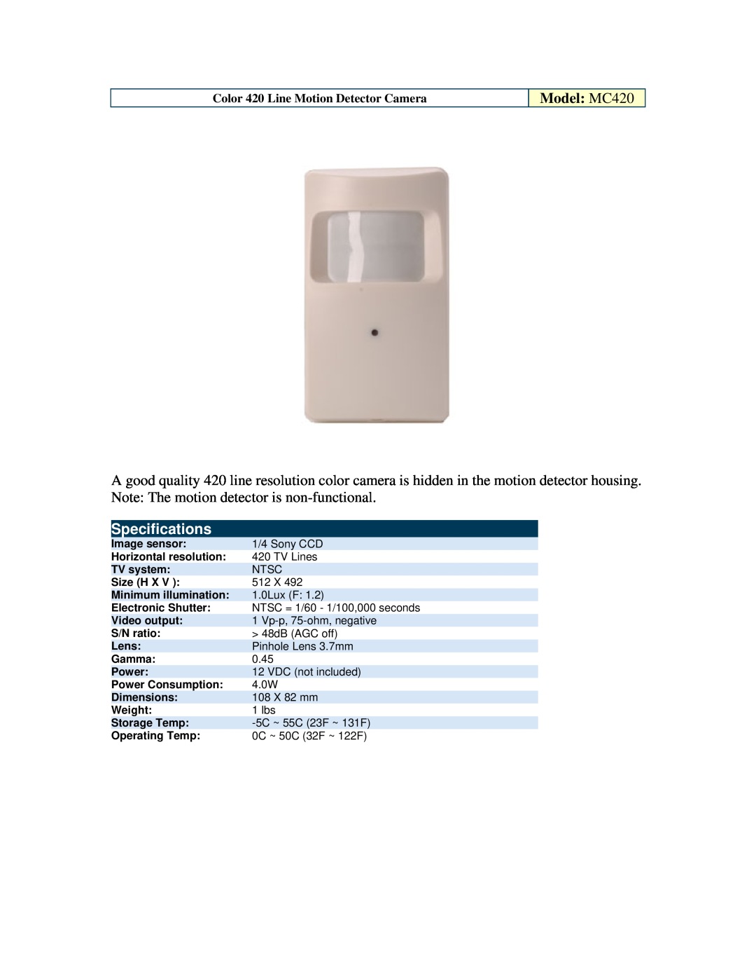 Optiview specifications Model MC420, Specifications, Color 420 Line Motion Detector Camera 