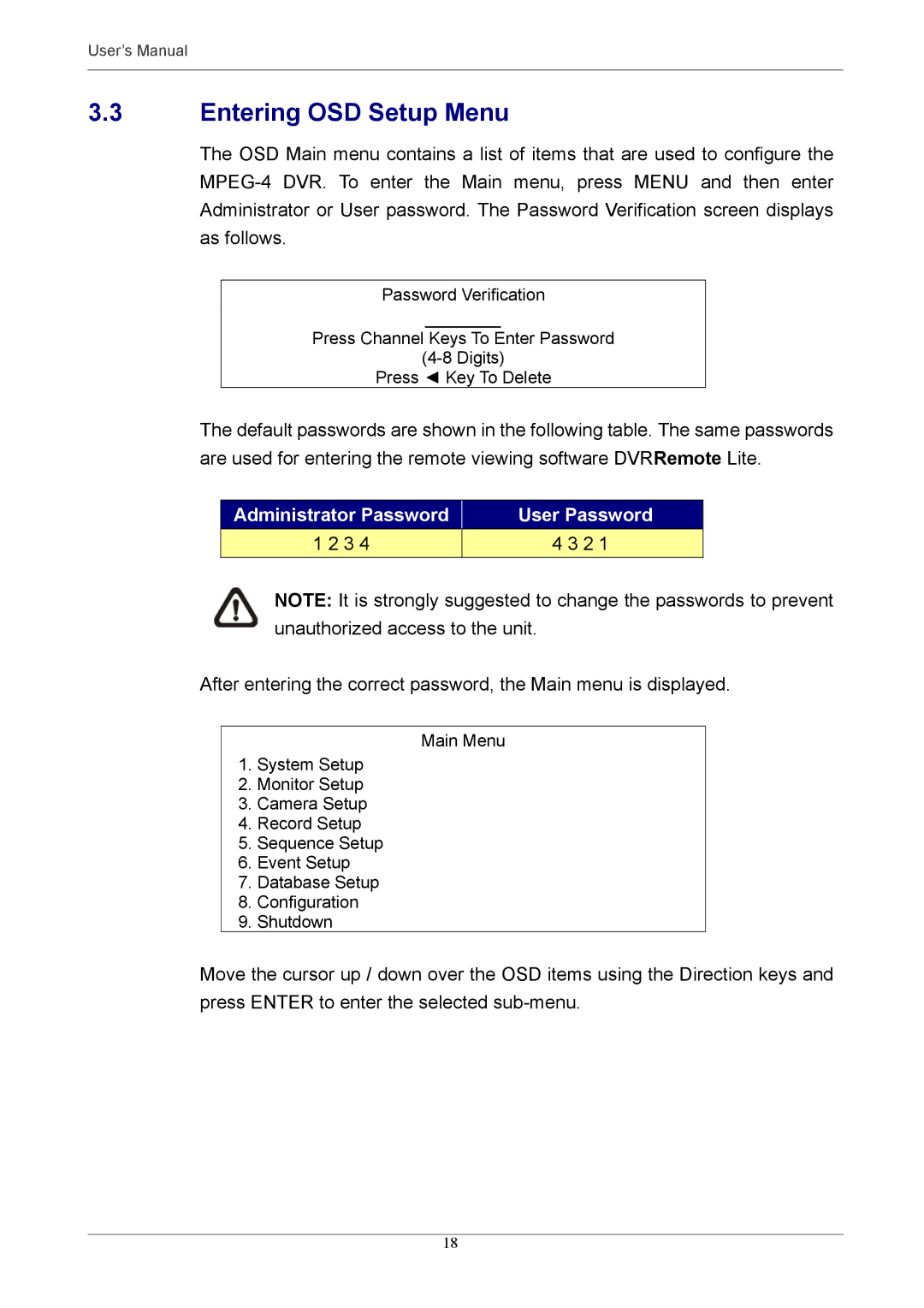 Optiview MPEG-4 user manual Entering OSD Setup Menu, Administrator Password User Password 