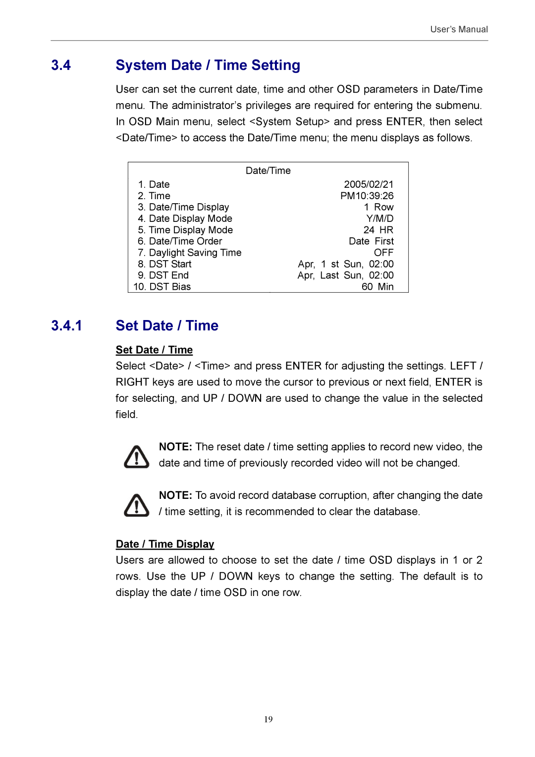 Optiview MPEG-4 user manual System Date / Time Setting, Set Date / Time, Date / Time Display 