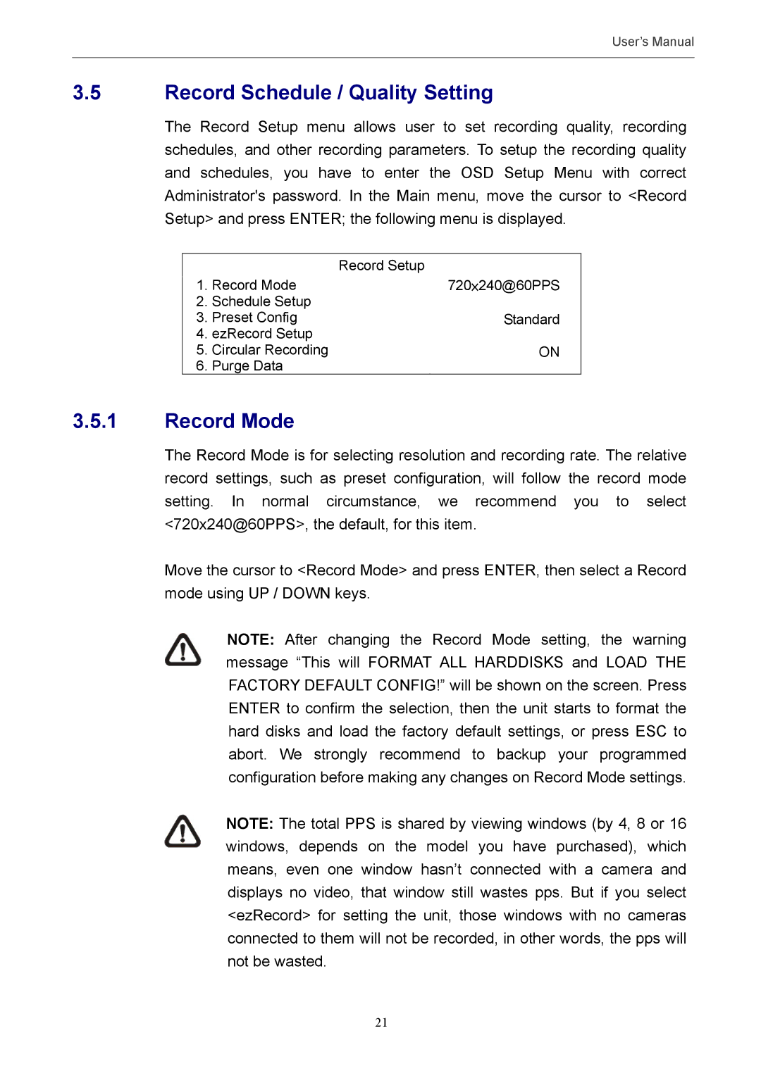 Optiview MPEG-4 user manual Record Schedule / Quality Setting, Record Mode 