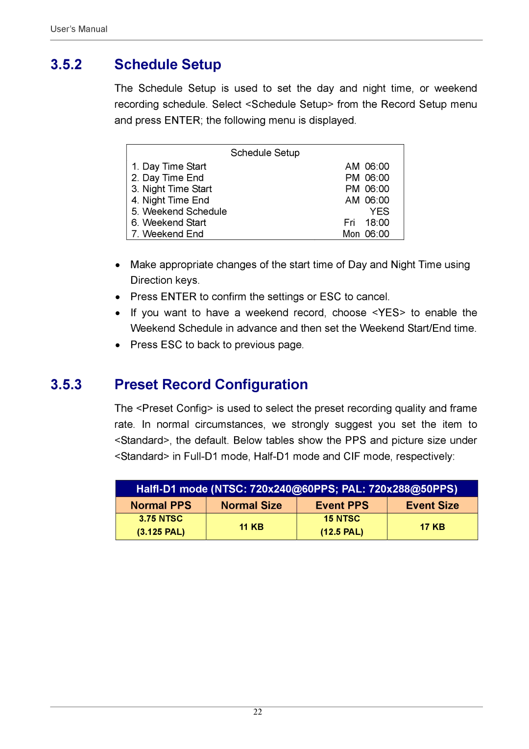 Optiview MPEG-4 user manual Schedule Setup, Preset Record Configuration, Normal PPS Normal Size Event PPS Event Size 