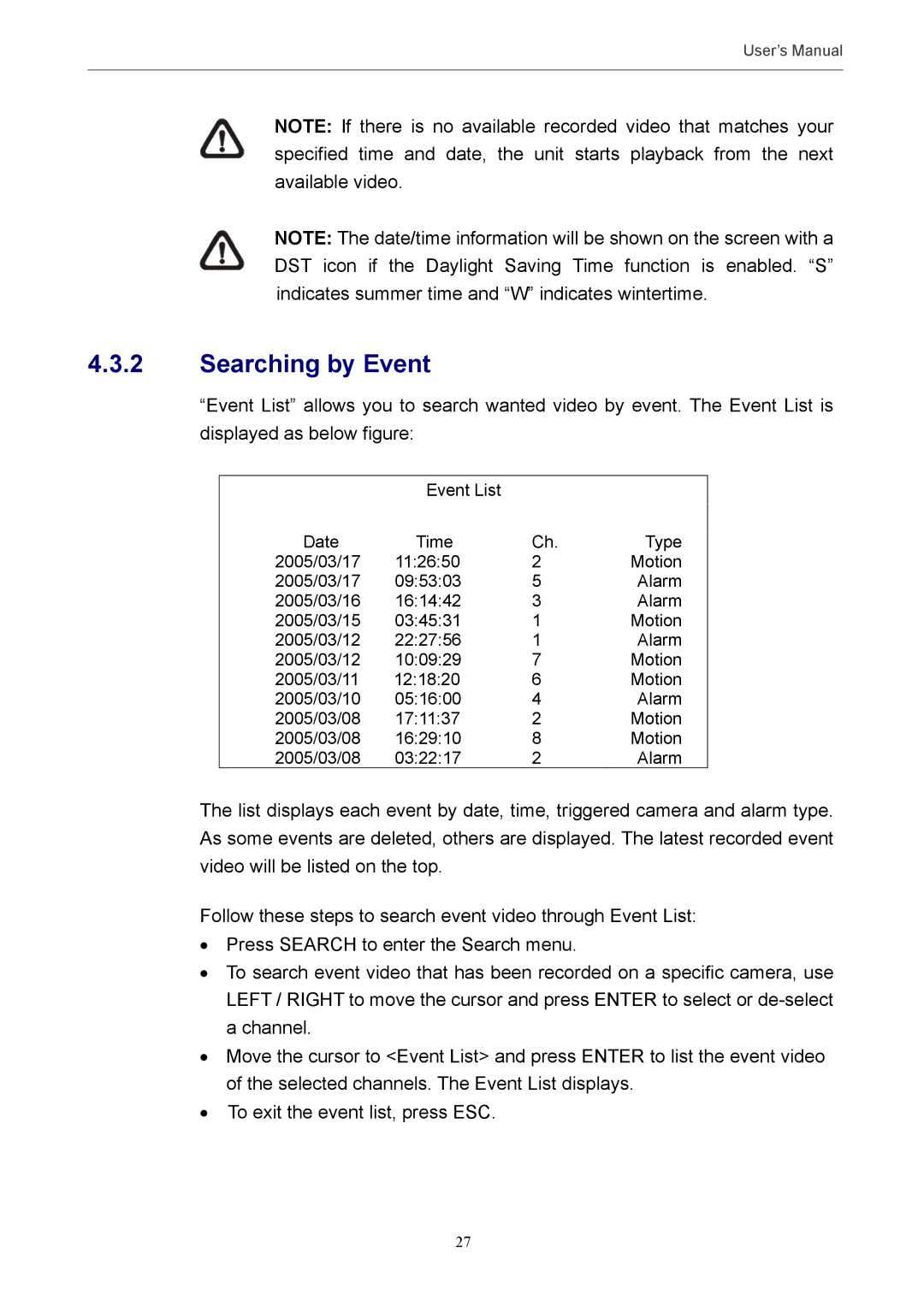 Optiview MPEG-4 user manual Searching by Event 