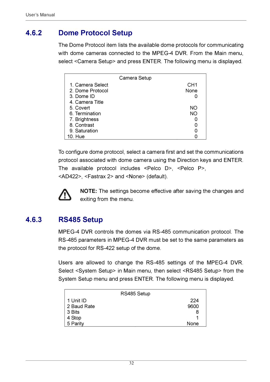 Optiview MPEG-4 user manual Dome Protocol Setup, 3 RS485 Setup 