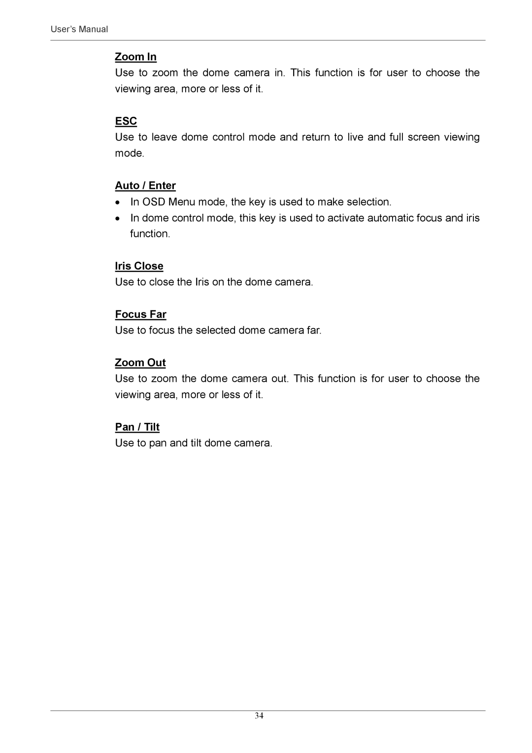 Optiview MPEG-4 user manual Auto / Enter, Iris Close, Focus Far, Zoom Out, Pan / Tilt 