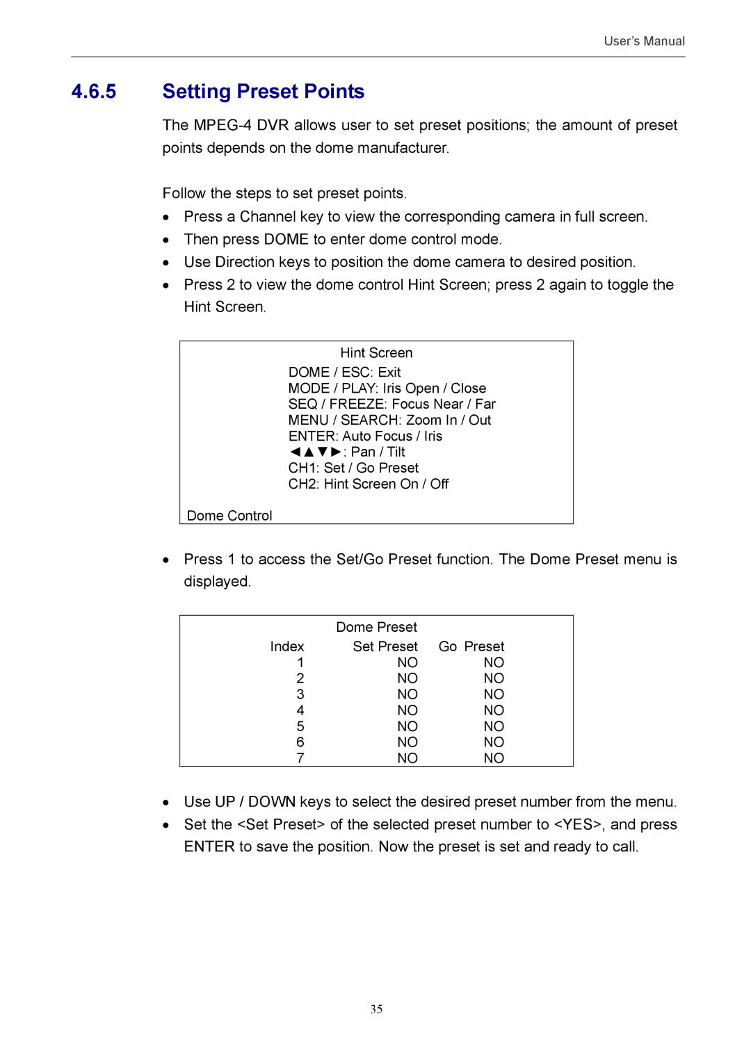 Optiview MPEG-4 user manual Setting Preset Points 