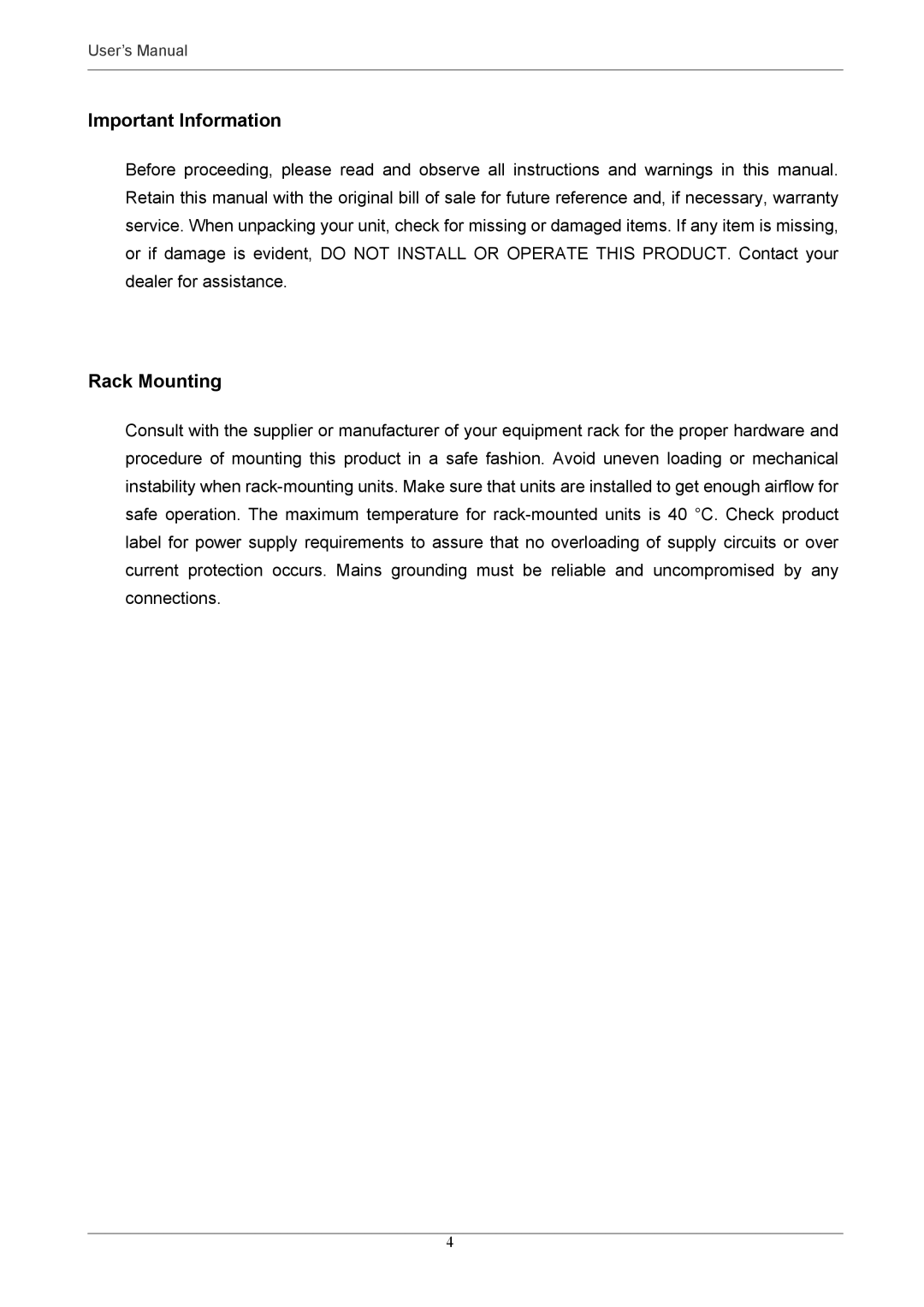 Optiview MPEG-4 user manual Important Information, Rack Mounting 