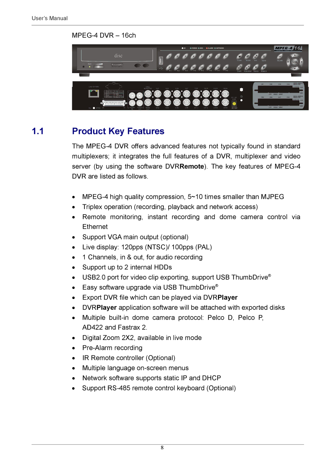 Optiview MPEG-4 user manual Product Key Features 