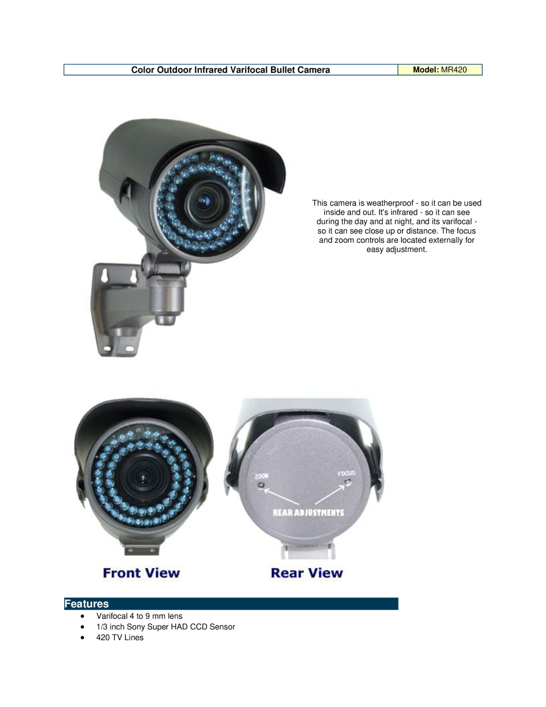 Optiview manual Features, Color Outdoor Infrared Varifocal Bullet Camera, Model MR420 