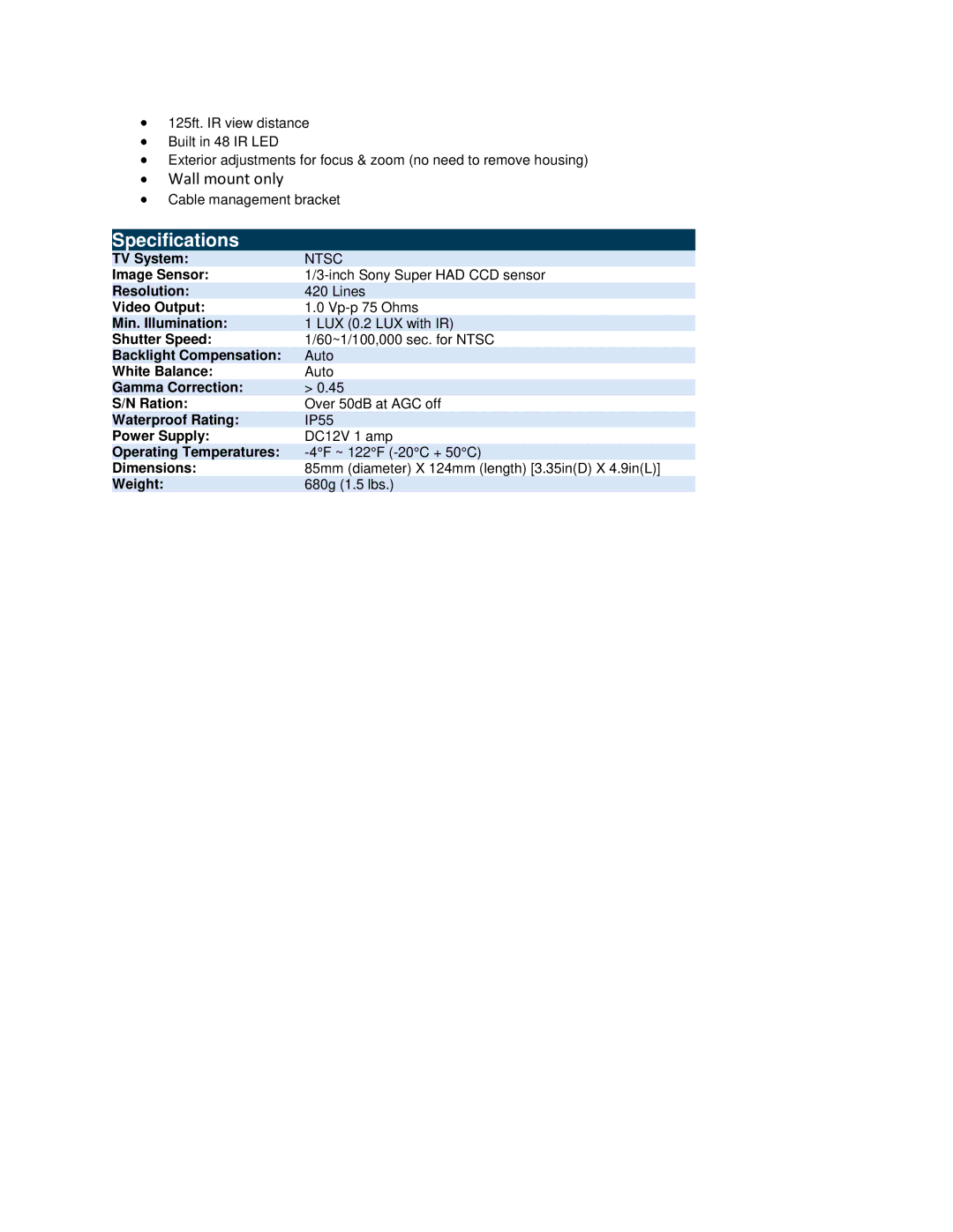 Optiview MR420 manual Specifications 