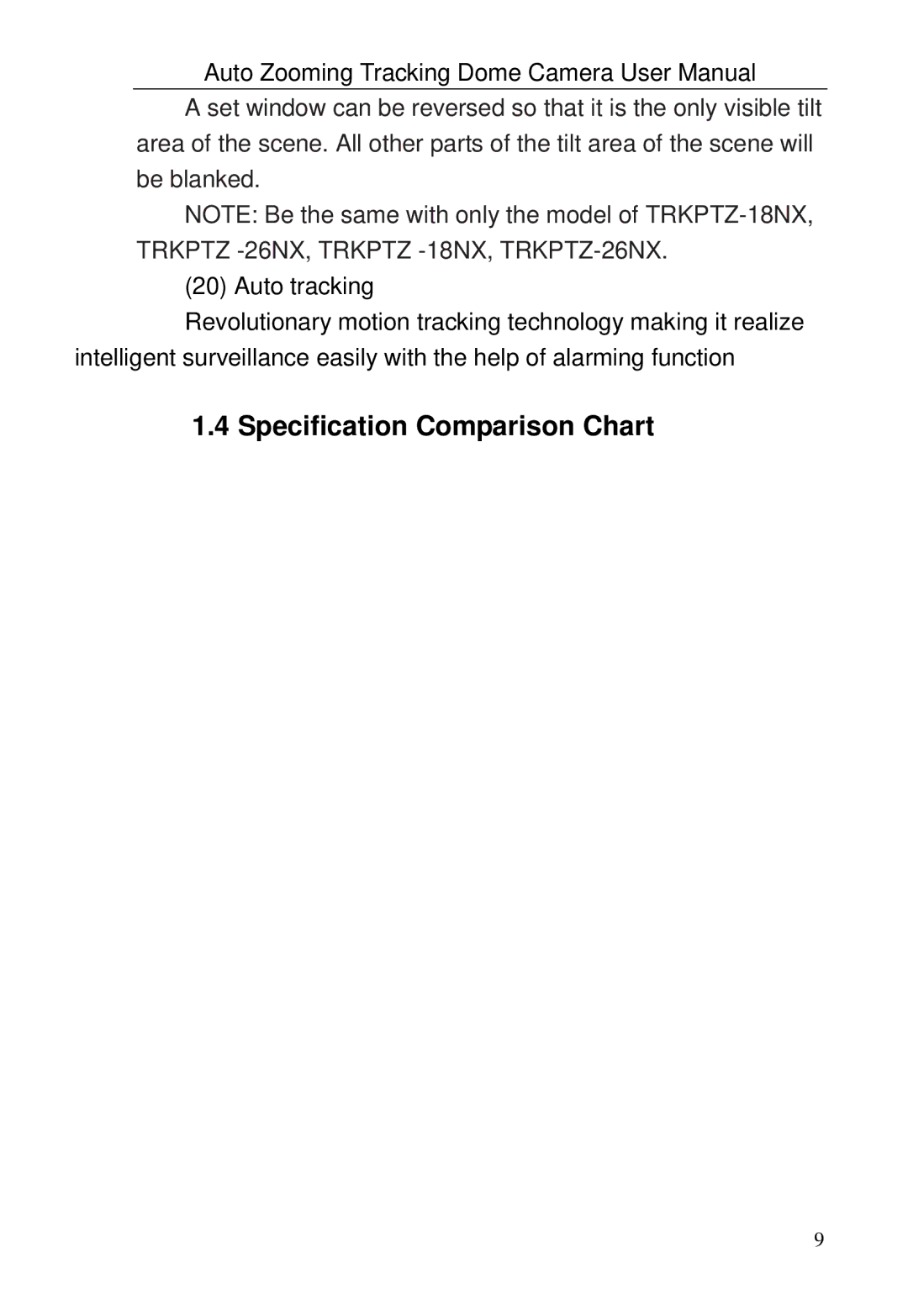 Optiview TRKPTZ-18NX, TRKPTZ -26NX user manual Specification Comparison Chart, Auto tracking 