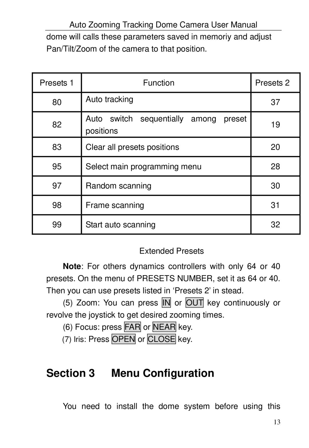 Optiview TRKPTZ-18NX, TRKPTZ -26NX user manual Menu Configuration 