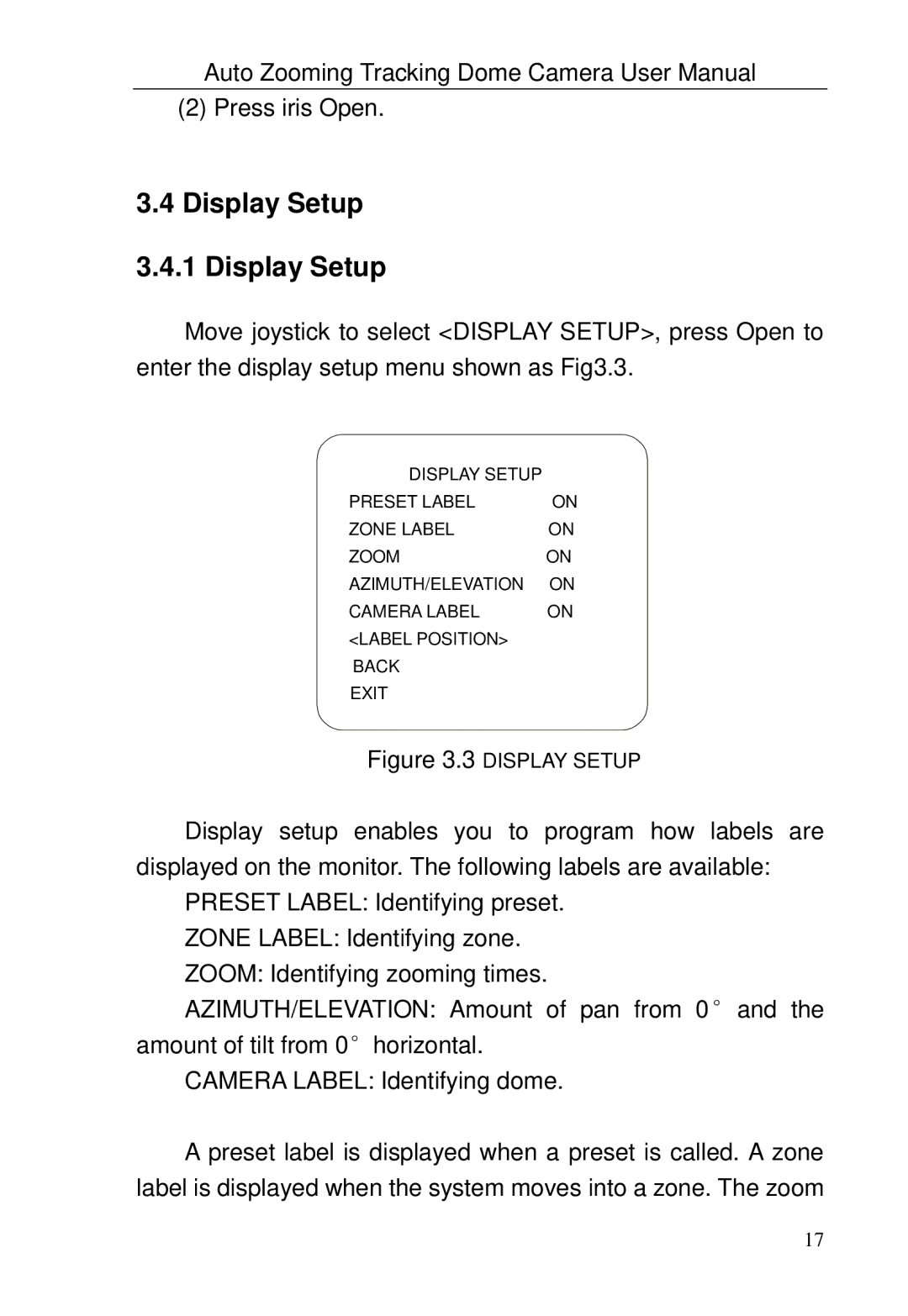 Optiview TRKPTZ-18NX, TRKPTZ -26NX user manual Display Setup 3.4.1 Display Setup 