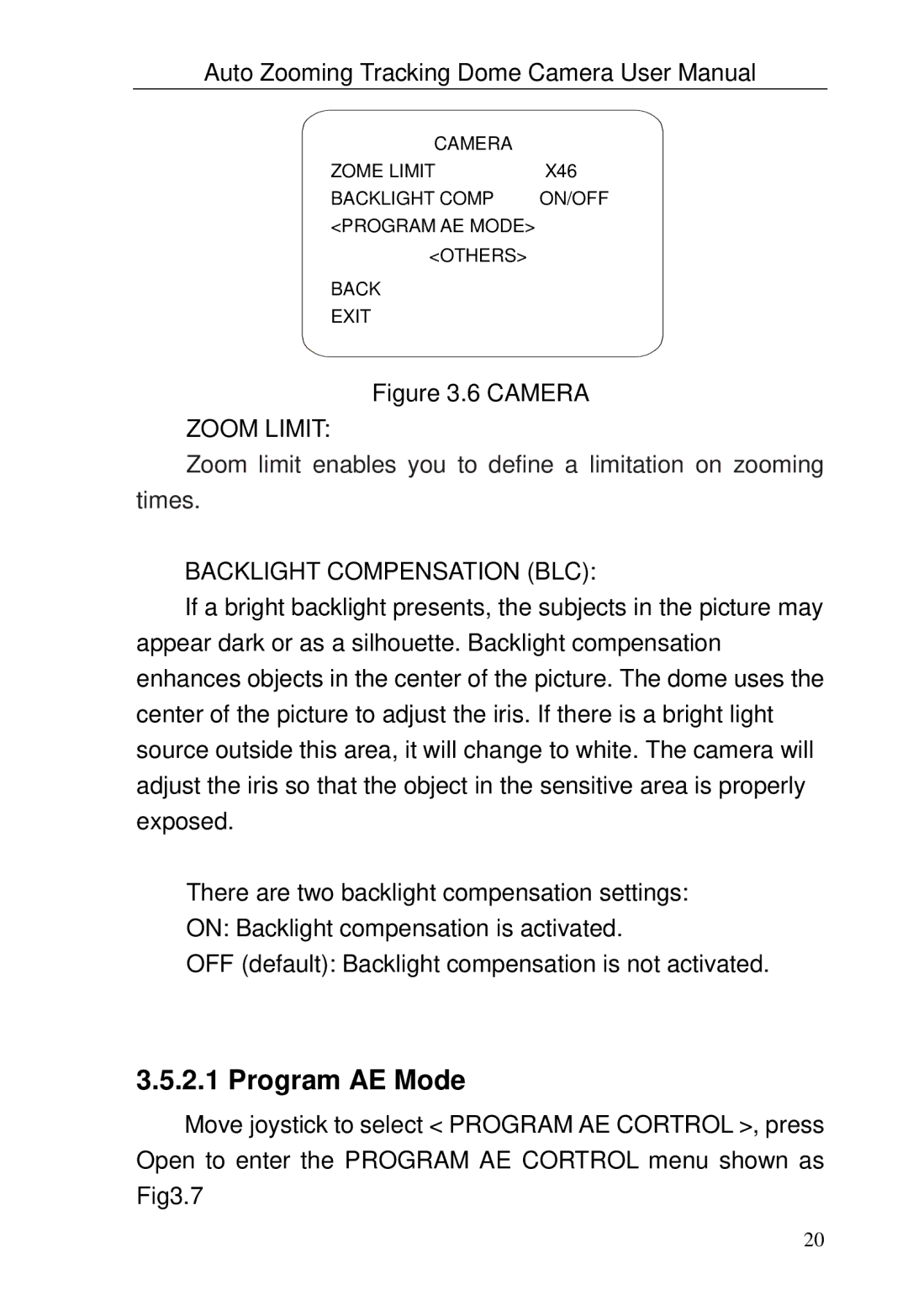 Optiview TRKPTZ -26NX, TRKPTZ-18NX user manual Program AE Mode, Backlight Compensation BLC 