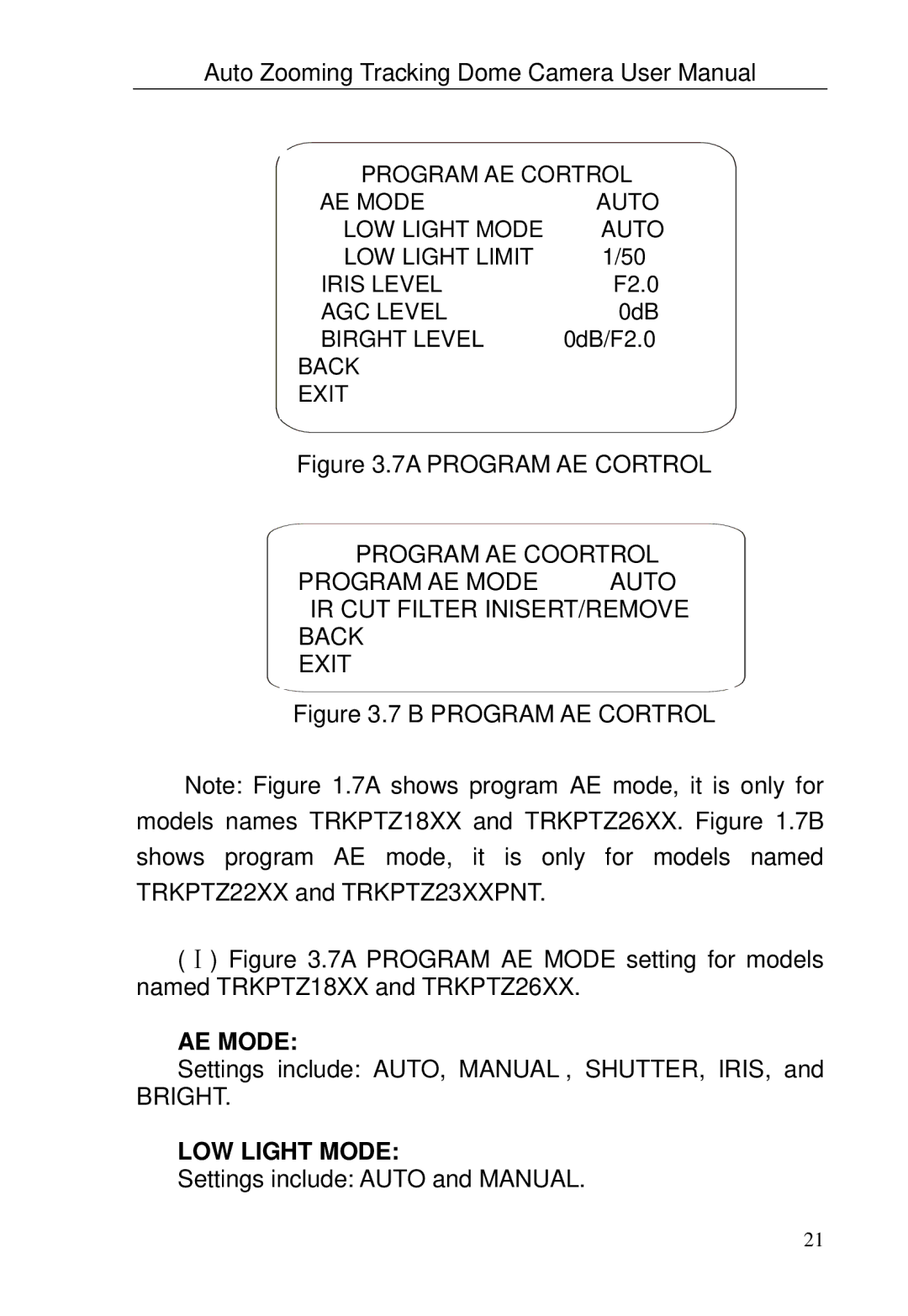 Optiview TRKPTZ-18NX, TRKPTZ -26NX user manual AE Mode, LOW Light Mode 