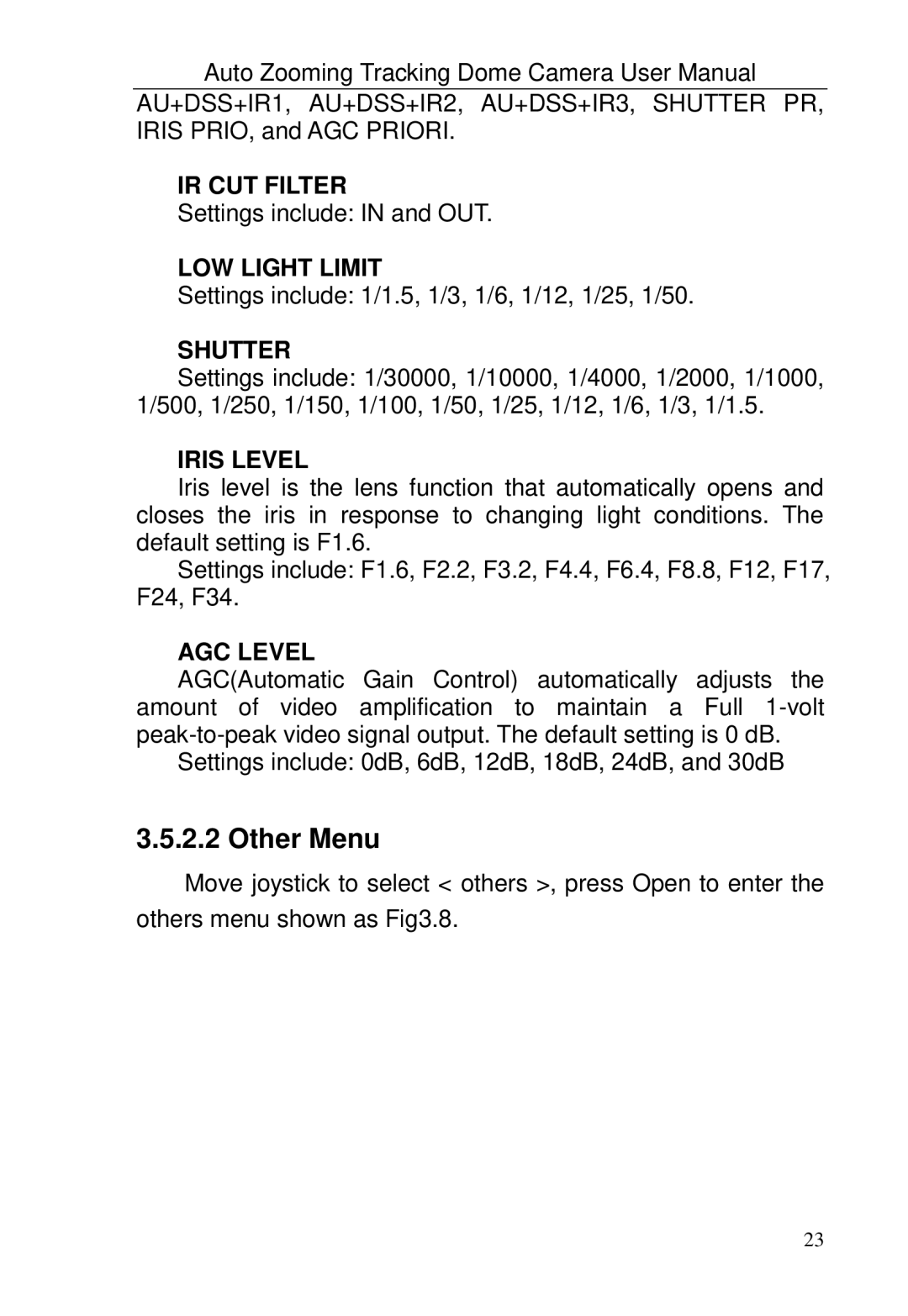 Optiview TRKPTZ-18NX, TRKPTZ -26NX user manual Other Menu, IR CUT Filter, Shutter 