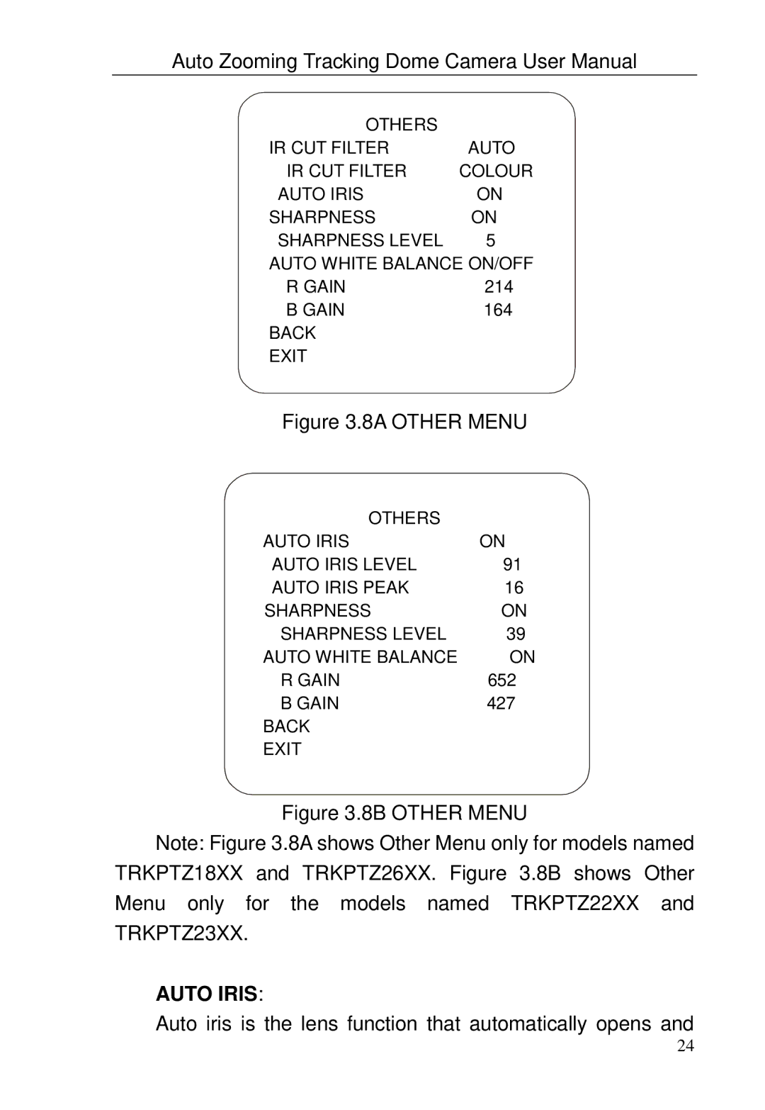 Optiview TRKPTZ -26NX, TRKPTZ-18NX user manual 8A Other Menu, Auto Iris 