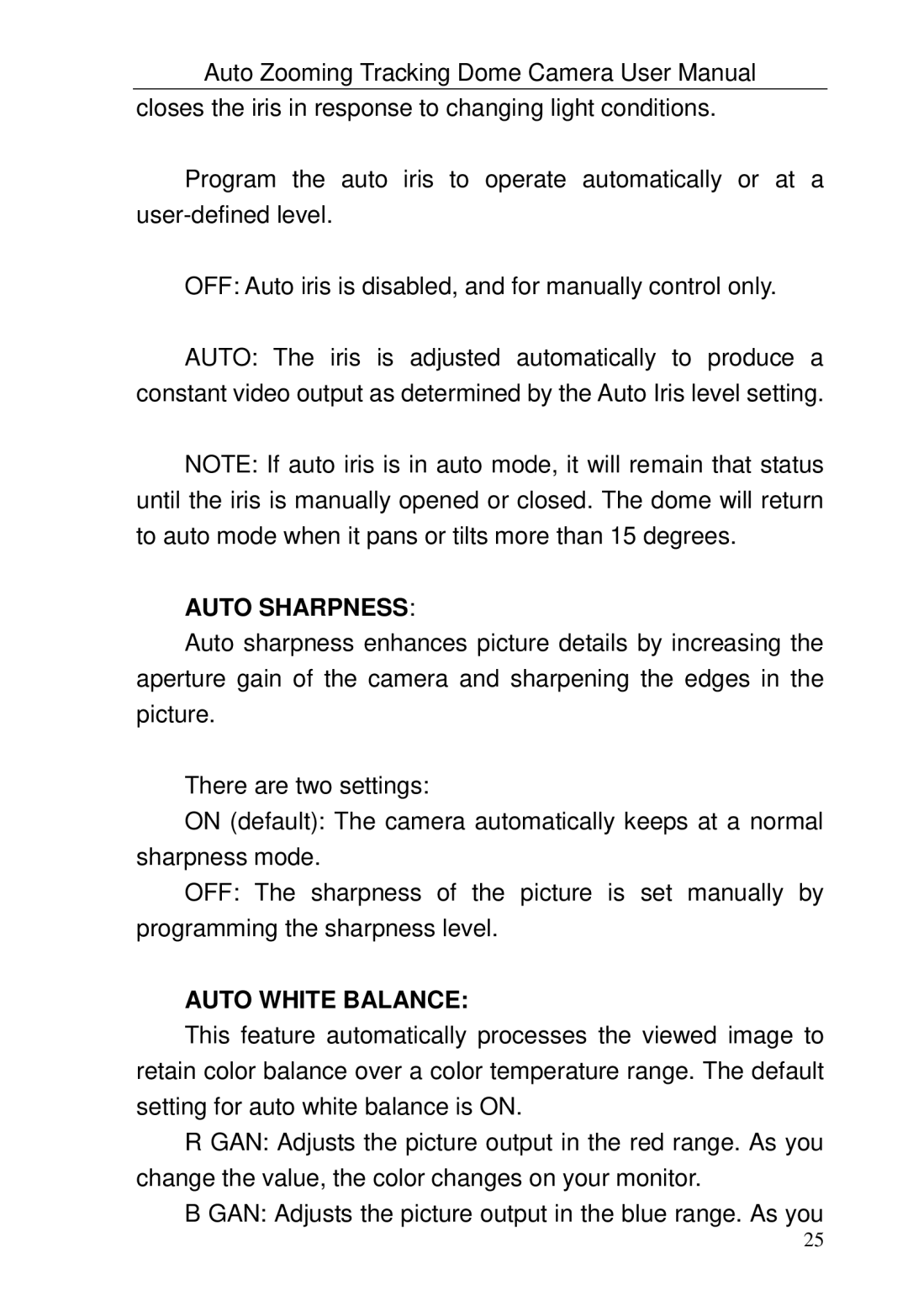 Optiview TRKPTZ-18NX, TRKPTZ -26NX user manual Auto Sharpness, Auto White Balance 