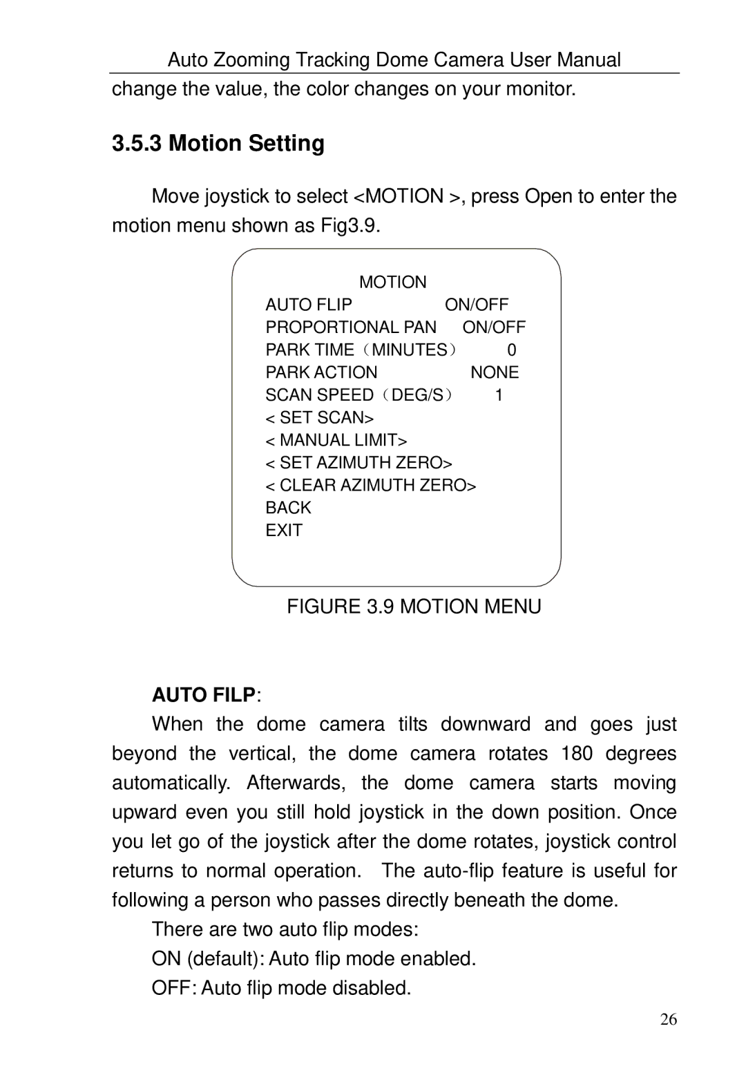 Optiview TRKPTZ -26NX, TRKPTZ-18NX user manual Motion Setting, Auto Filp 