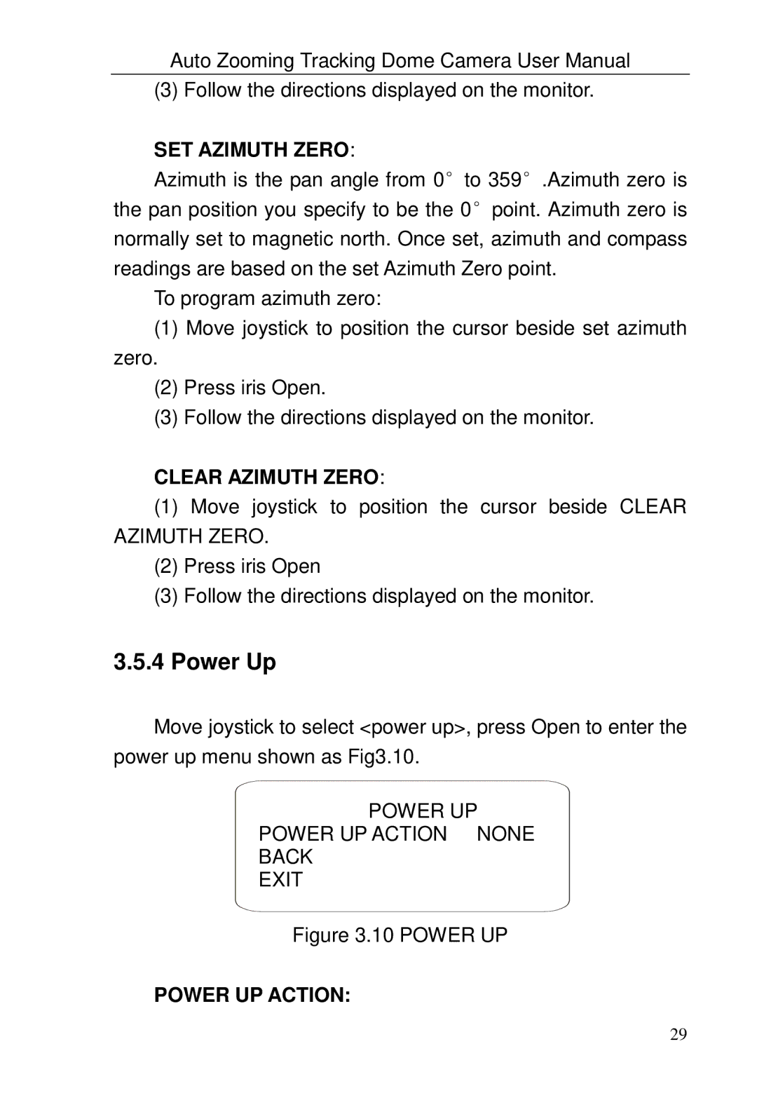 Optiview TRKPTZ-18NX, TRKPTZ -26NX user manual Power Up, SET Azimuth Zero, Clear Azimuth Zero, Power UP Action 