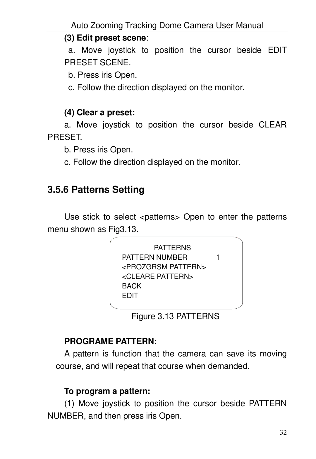 Optiview TRKPTZ -26NX Patterns Setting, Edit preset scene, Clear a preset, Programe Pattern, To program a pattern 