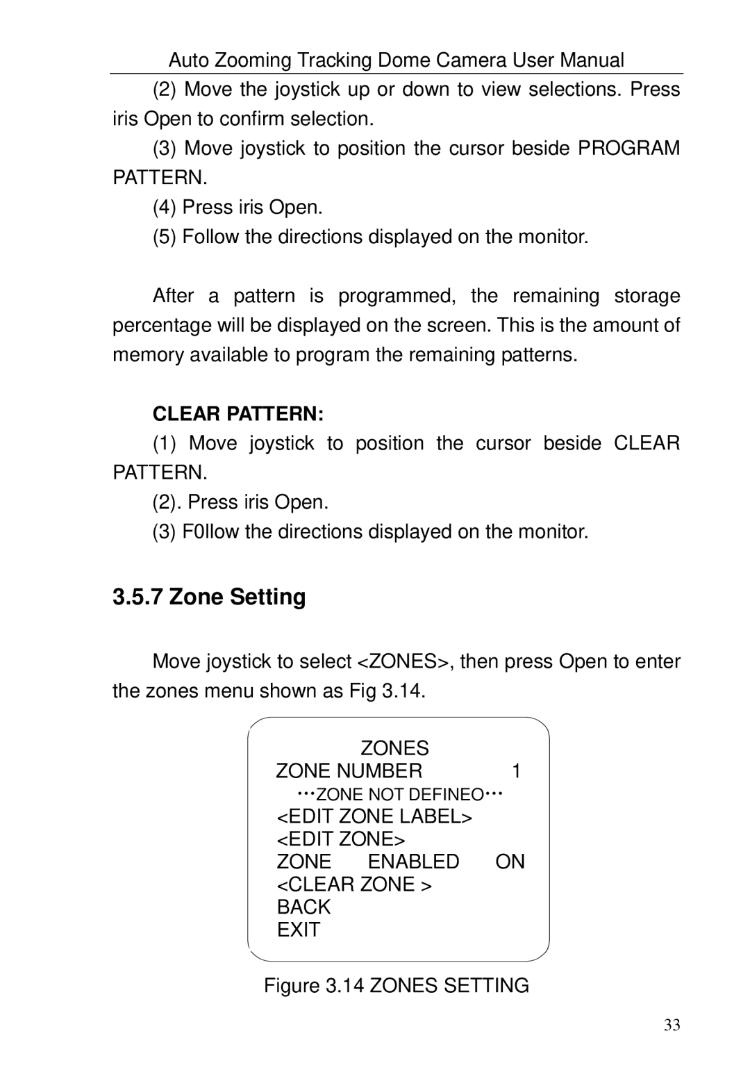 Optiview TRKPTZ-18NX, TRKPTZ -26NX user manual Zone Setting, Clear Pattern 