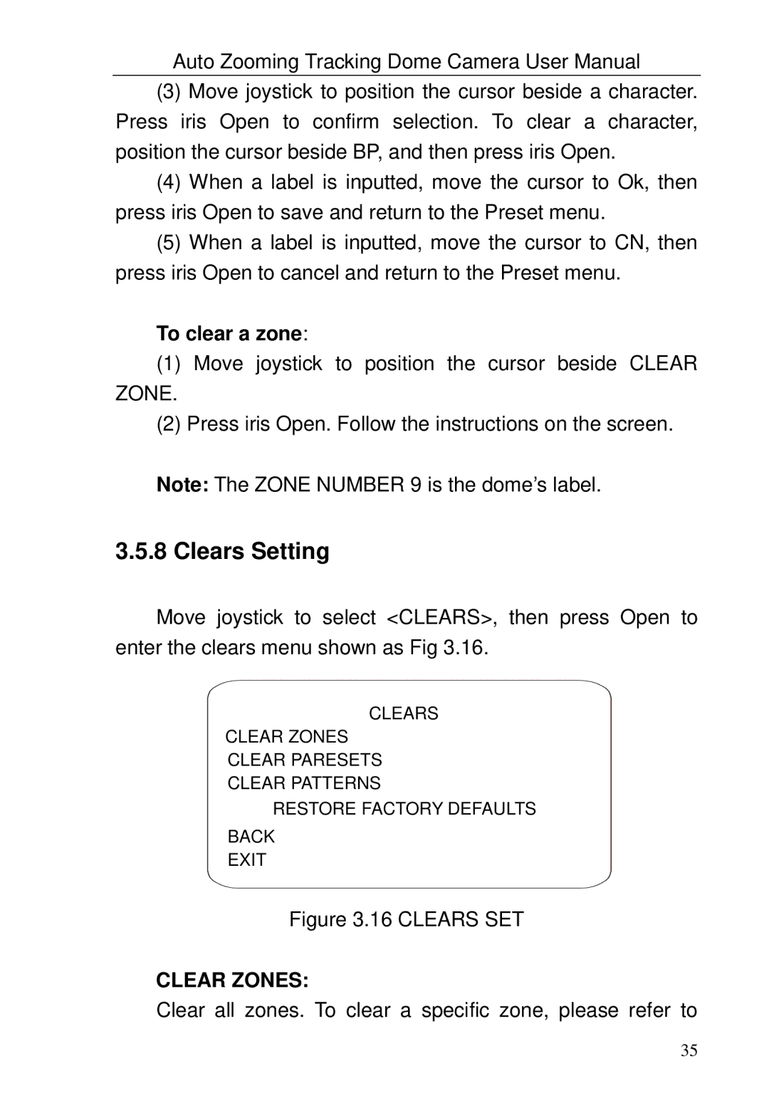 Optiview TRKPTZ-18NX, TRKPTZ -26NX user manual Clears Setting, To clear a zone, Clear Zones 