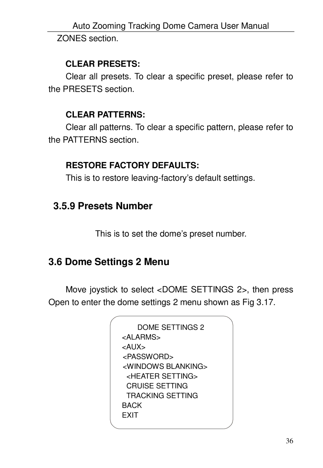 Optiview TRKPTZ -26NX Presets Number, Dome Settings 2 Menu, Clear Presets, Clear Patterns, Restore Factory Defaults 