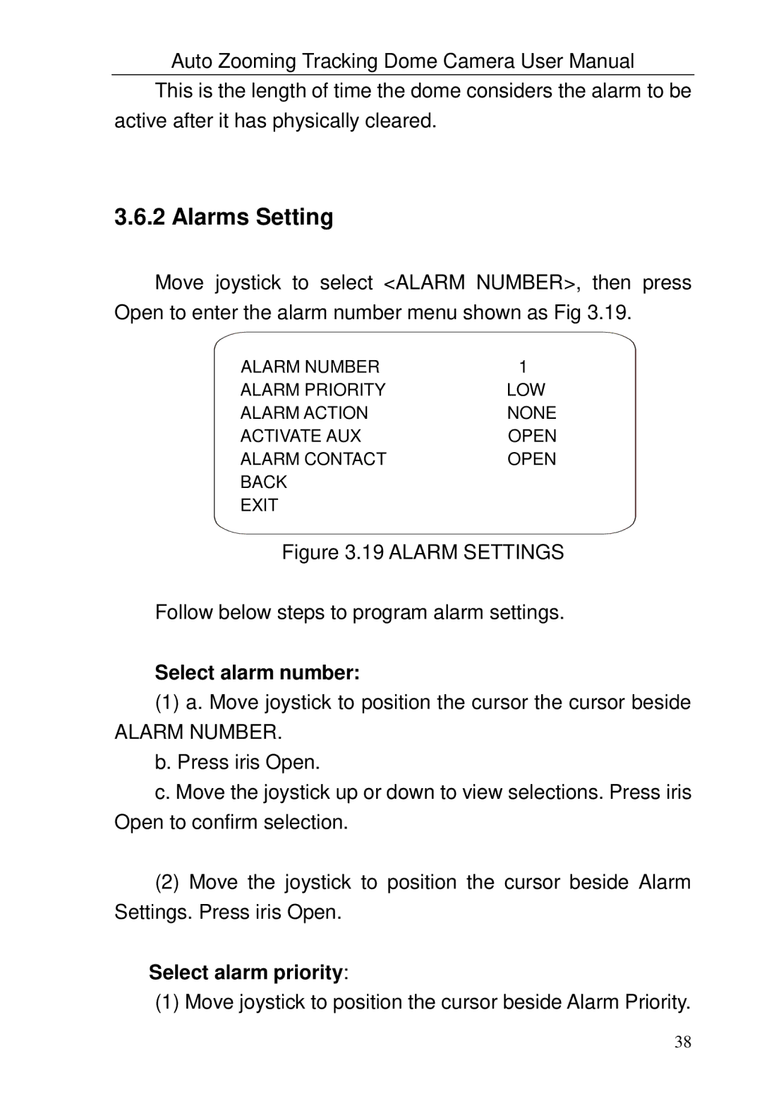 Optiview TRKPTZ -26NX, TRKPTZ-18NX user manual Alarms Setting, Select alarm number, Select alarm priority 