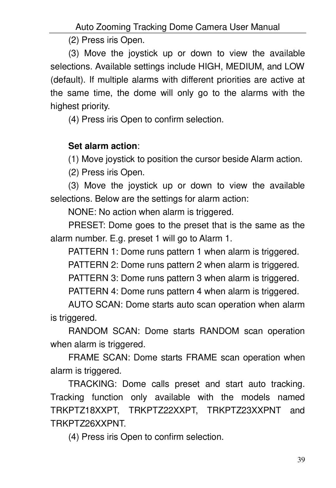 Optiview TRKPTZ-18NX, TRKPTZ -26NX user manual Set alarm action 