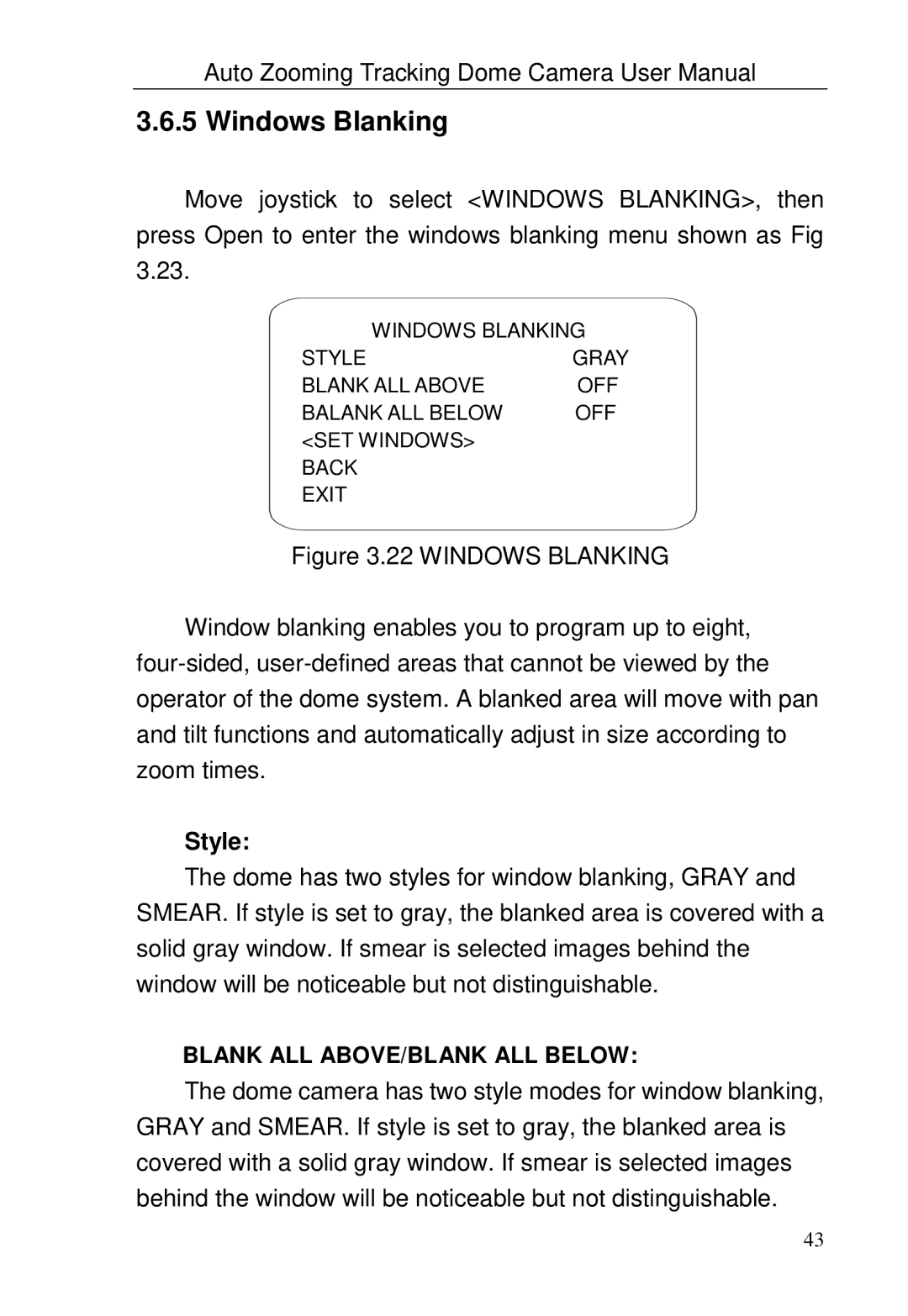 Optiview TRKPTZ-18NX, TRKPTZ -26NX user manual Windows Blanking, Style 