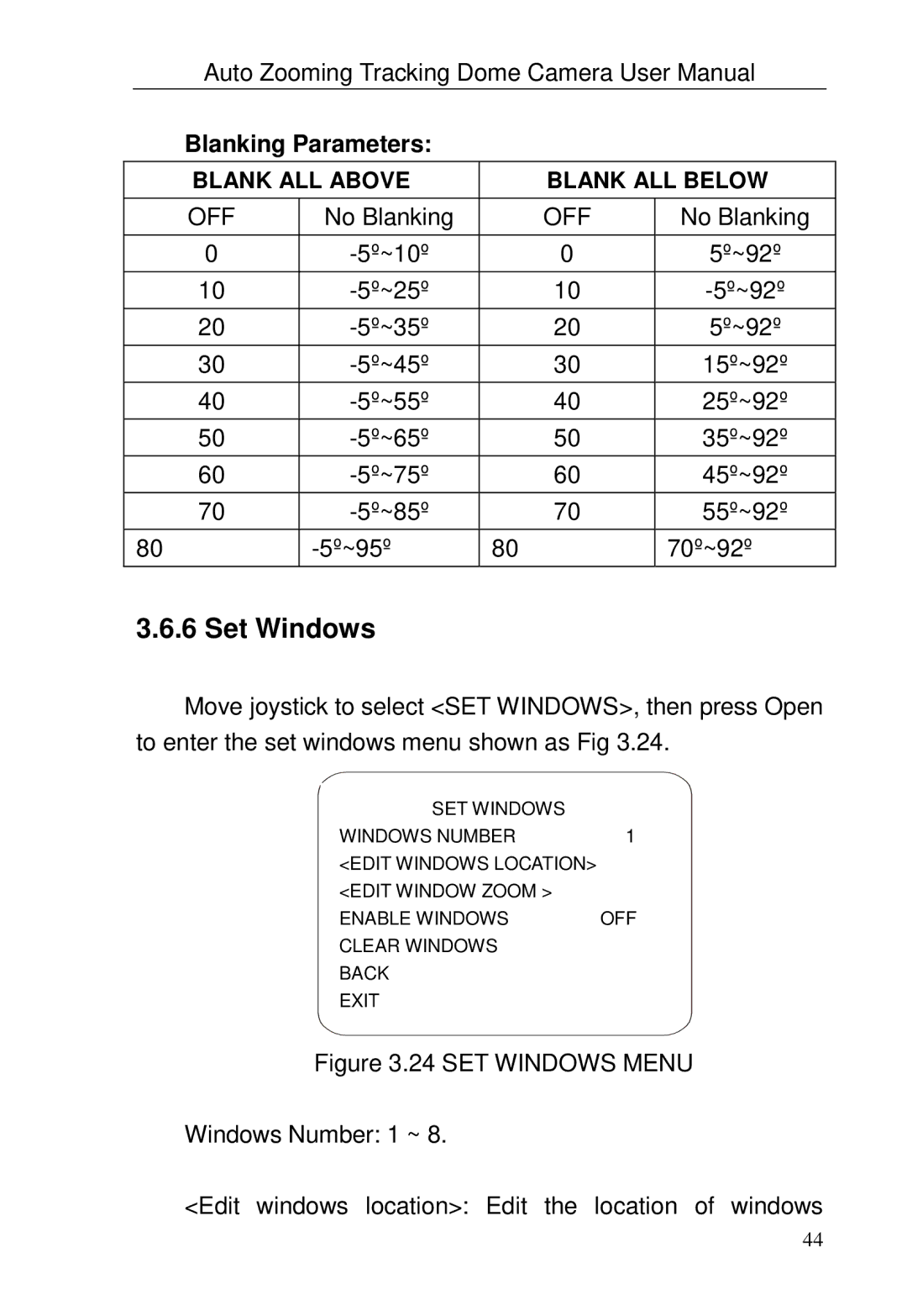 Optiview TRKPTZ -26NX, TRKPTZ-18NX user manual Set Windows, Blanking Parameters 