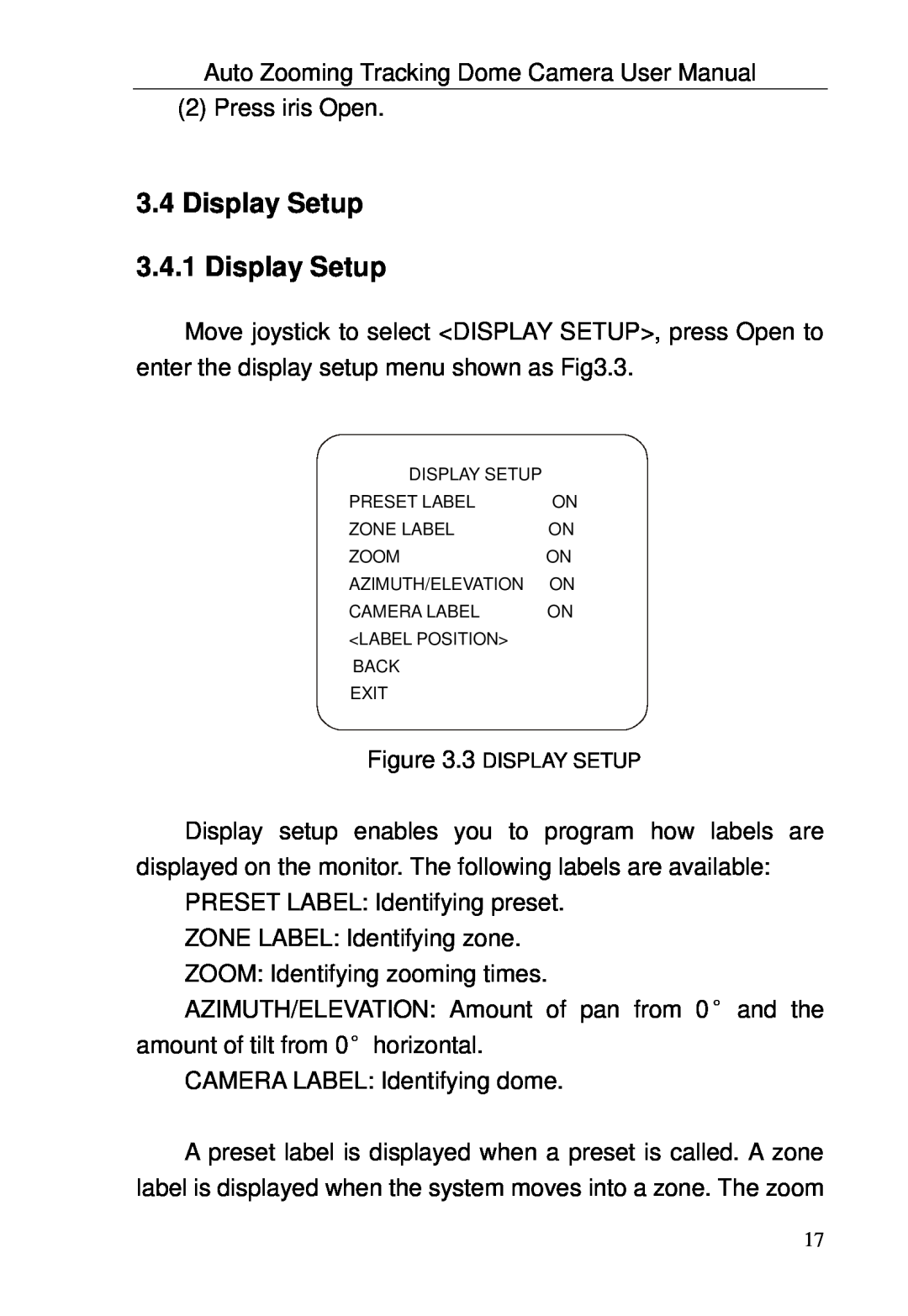 Optiview TRKPTZ-18NX, TRKPTZ -26NX user manual Display Setup 3.4.1 Display Setup 