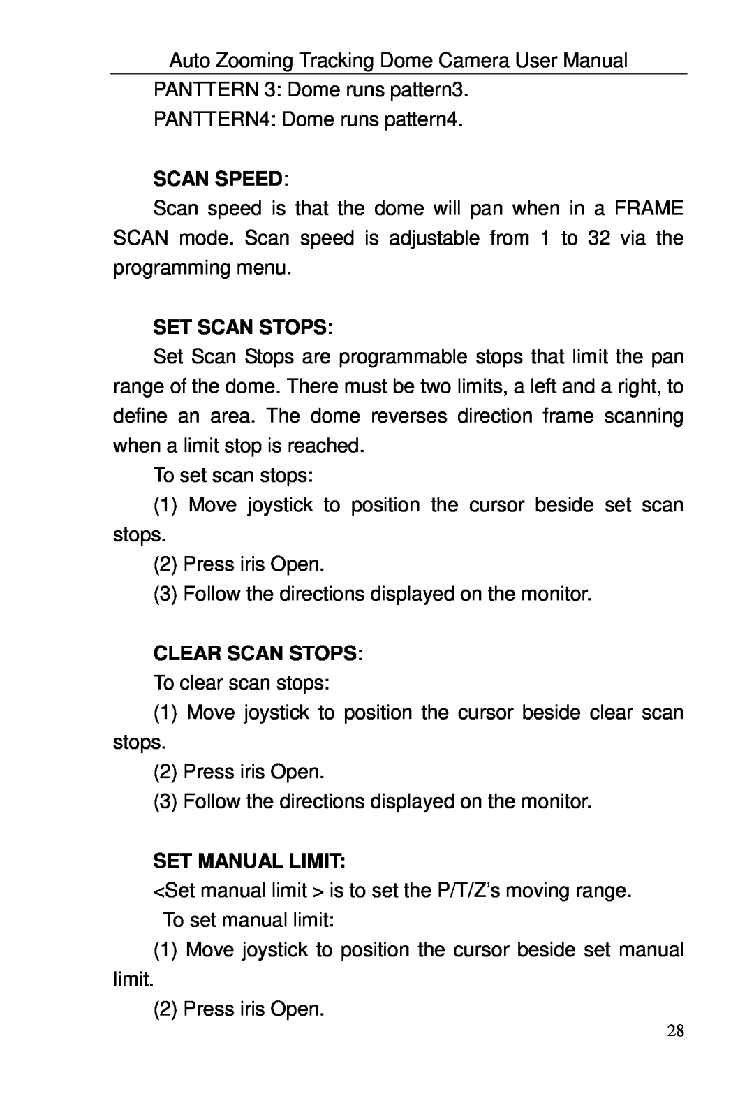 Optiview TRKPTZ -26NX, TRKPTZ-18NX user manual Scan Speed, Set Scan Stops, Clear Scan Stops, Set Manual Limit 