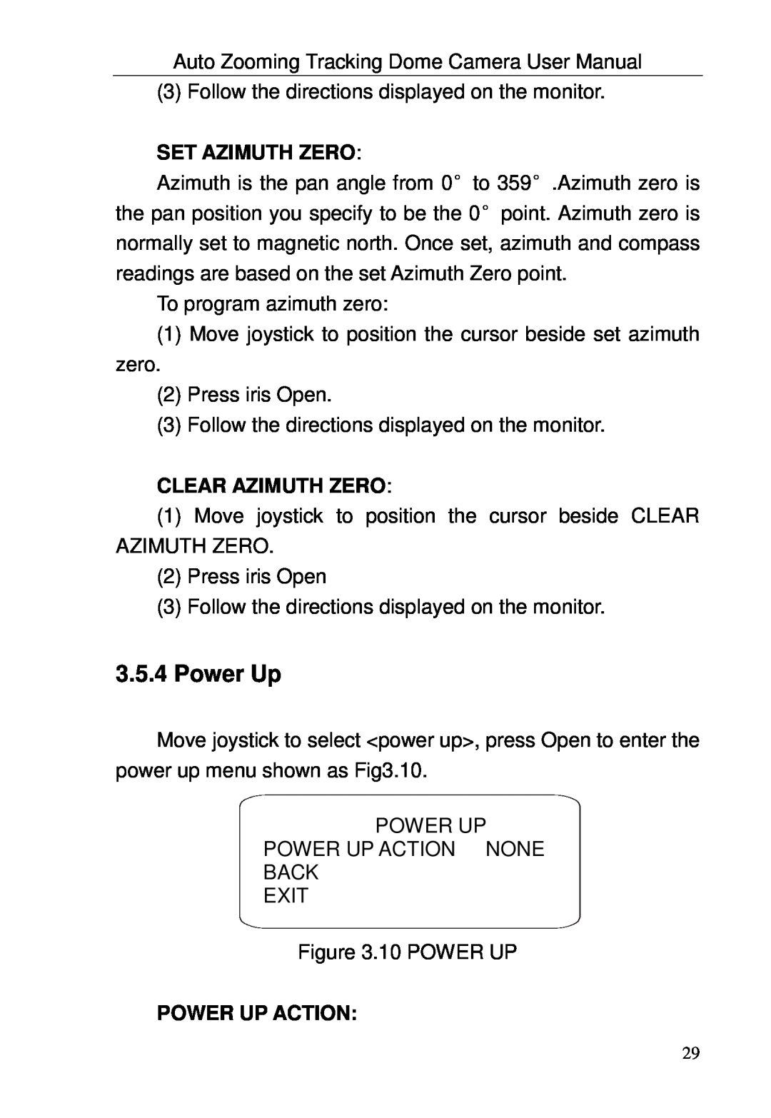 Optiview TRKPTZ-18NX, TRKPTZ -26NX user manual Set Azimuth Zero, Clear Azimuth Zero, Power Up Action 