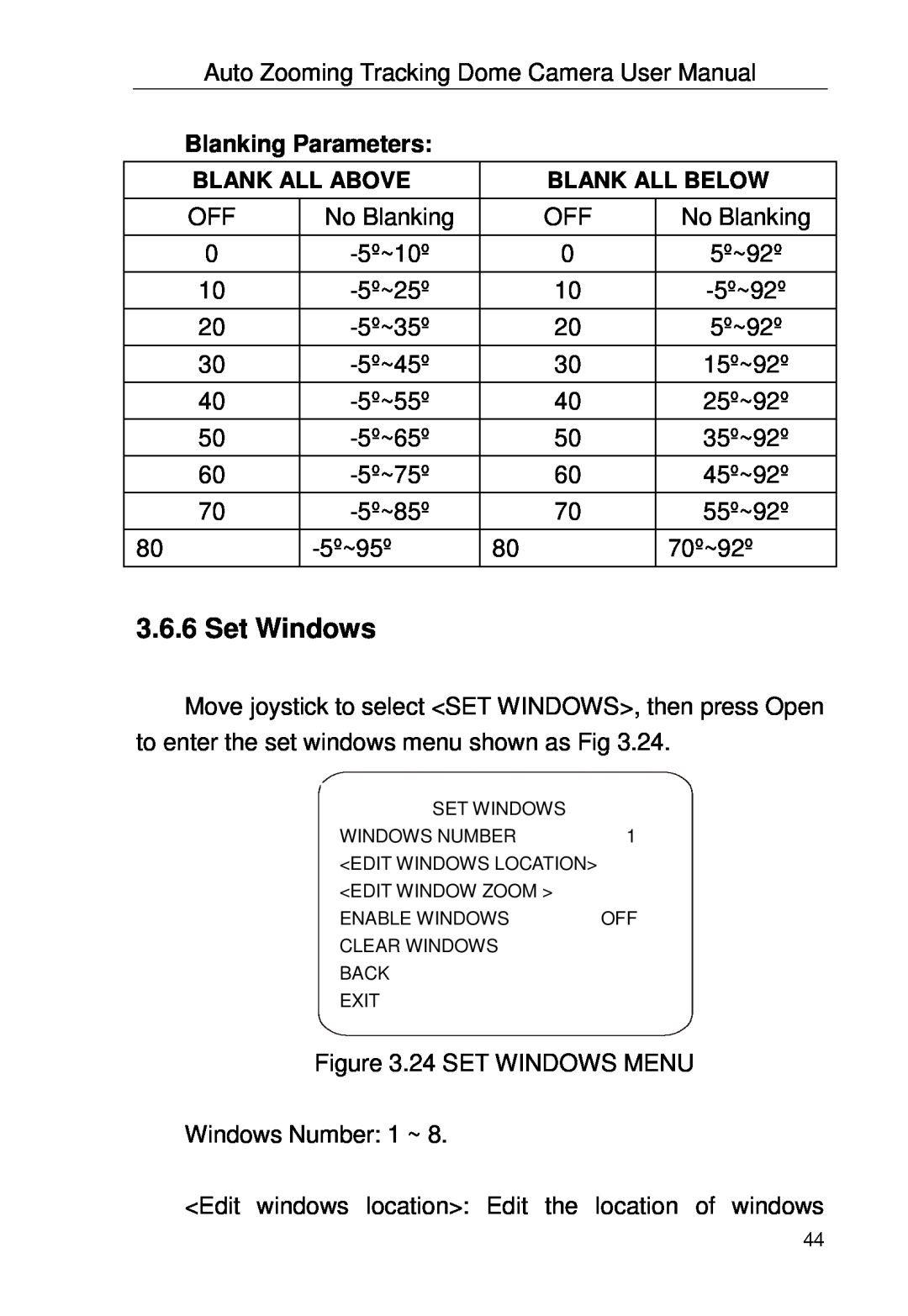 Optiview TRKPTZ -26NX, TRKPTZ-18NX user manual Set Windows, Blanking Parameters 