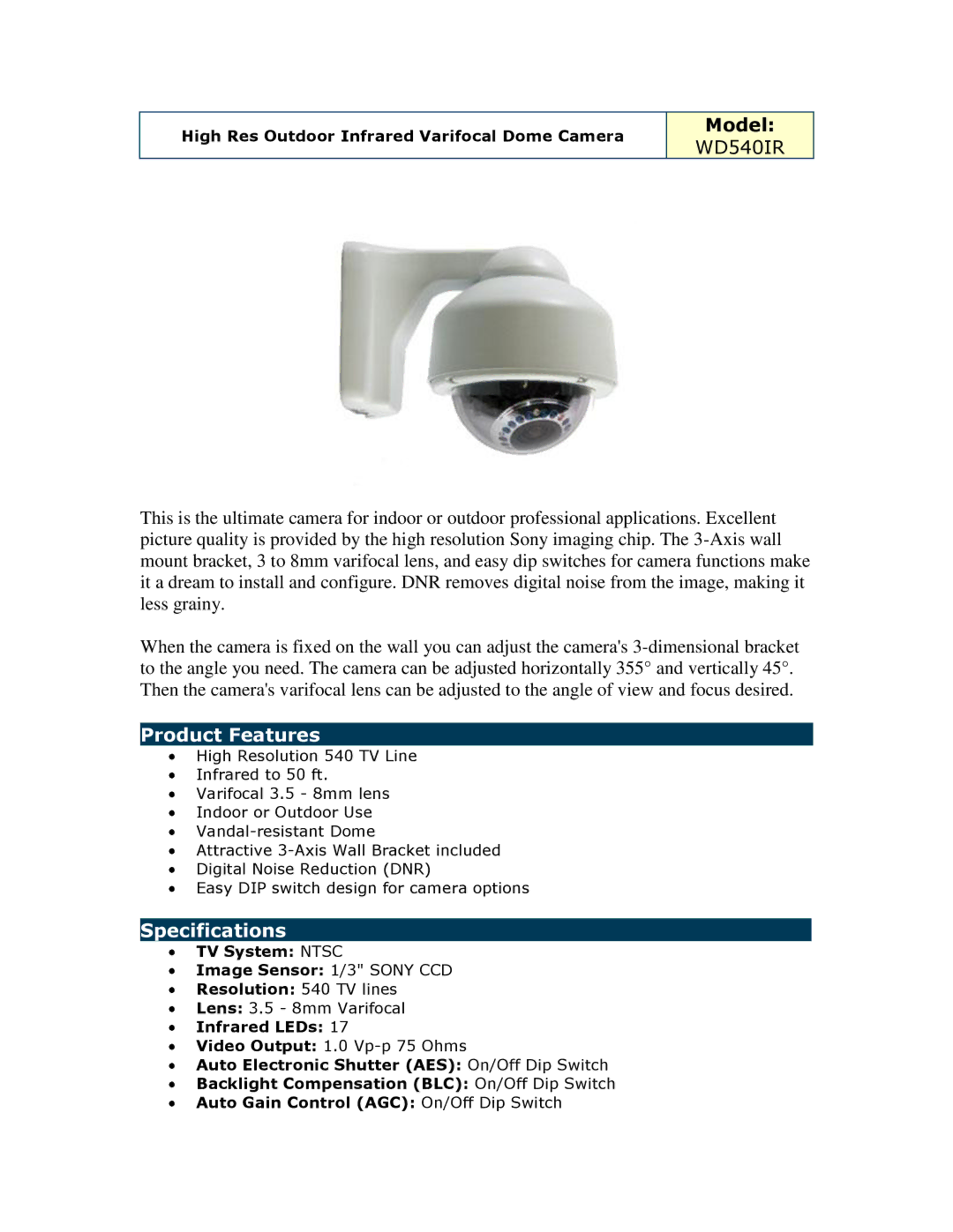 Optiview WD540IR specifications Model, Product Features, Specifications 