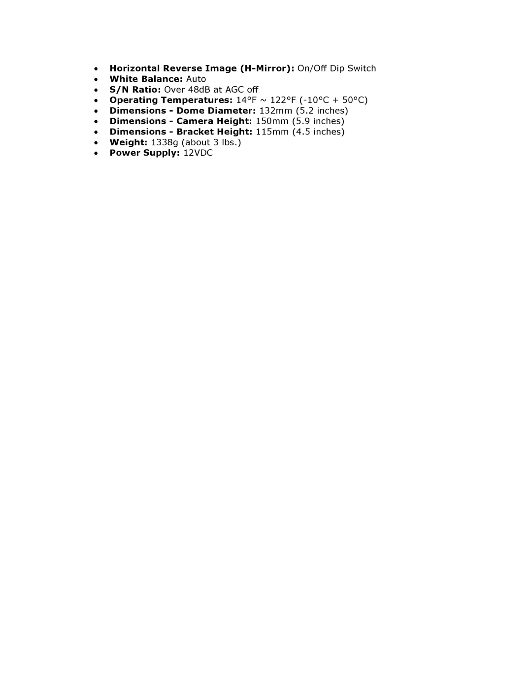 Optiview WD540IR specifications Power Supply 12VDC 