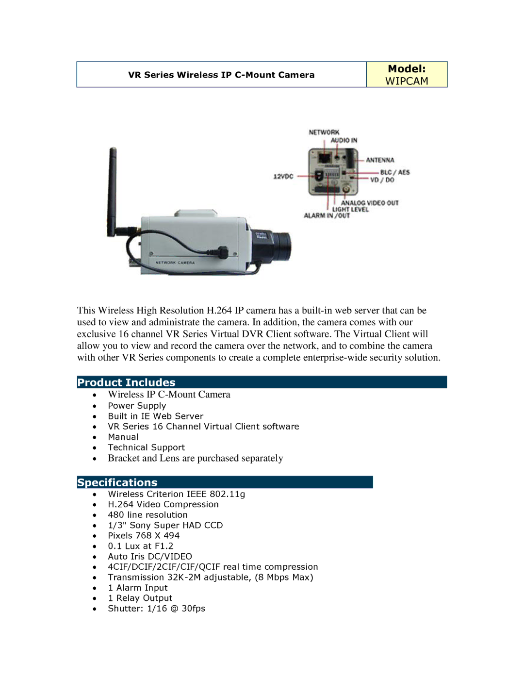 Optiview WIPCAM software manual Model, Wipcam, Product Includes, Specifications 