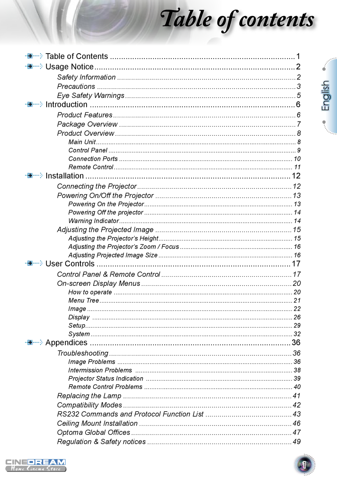 Optoma Technology 1080p DLP manual Table of contents 