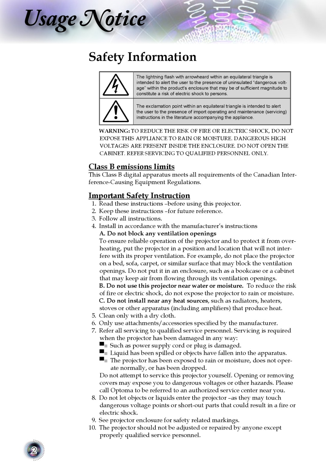 Optoma Technology 1080p DLP manual Safety Information, Class B emissions limits, Important Safety Instruction 