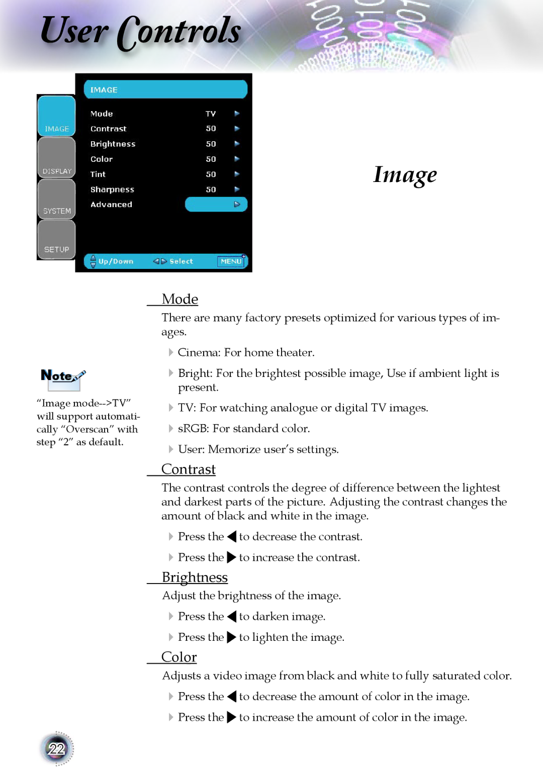 Optoma Technology 1080p DLP manual Image, Mode 