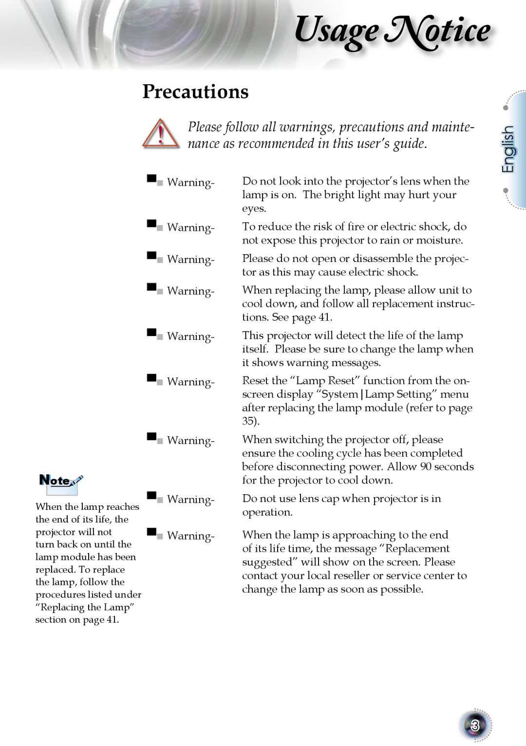 Optoma Technology 1080p DLP manual Precautions 