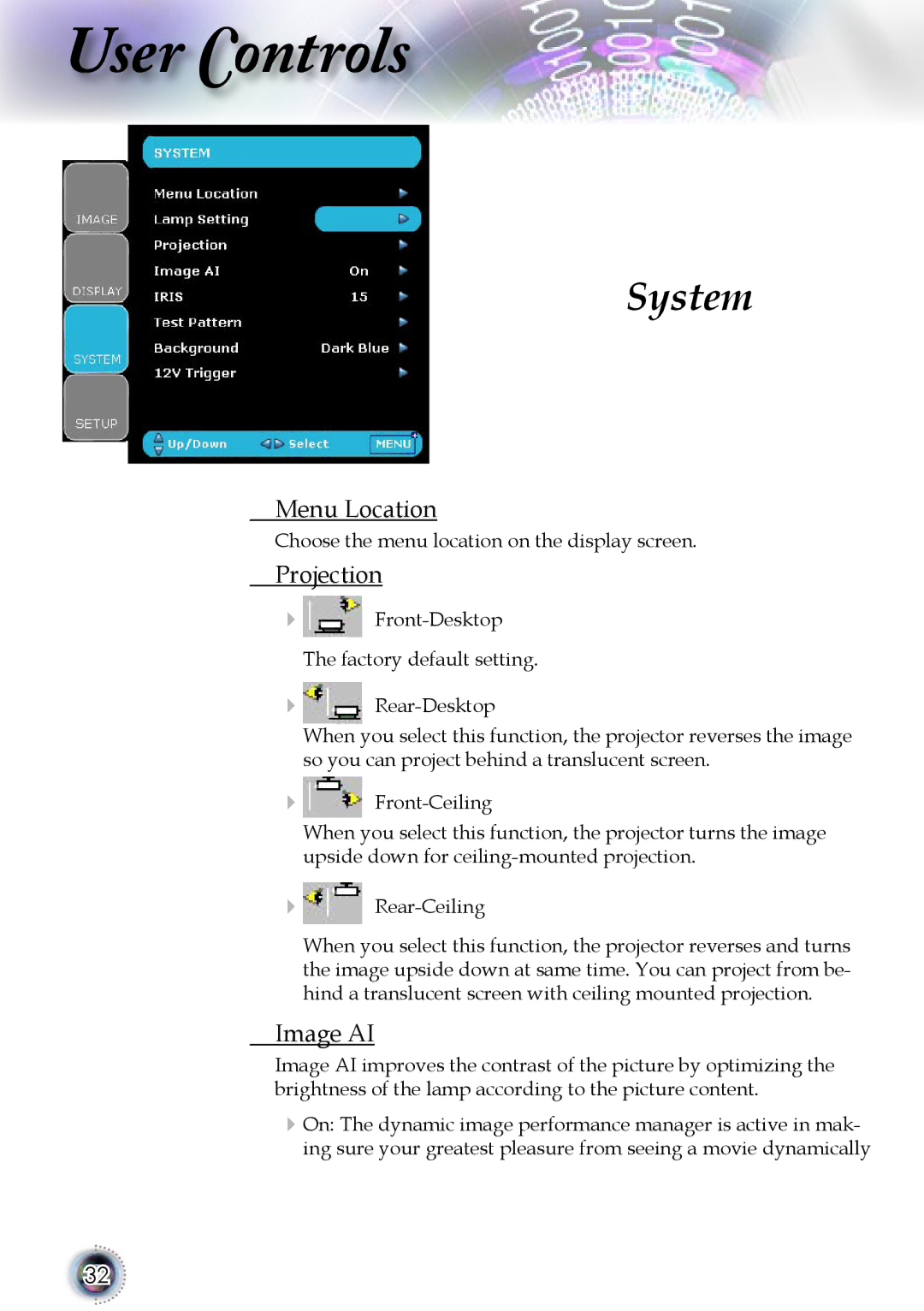 Optoma Technology 1080p DLP manual Menu Location, Projection, Image AI 