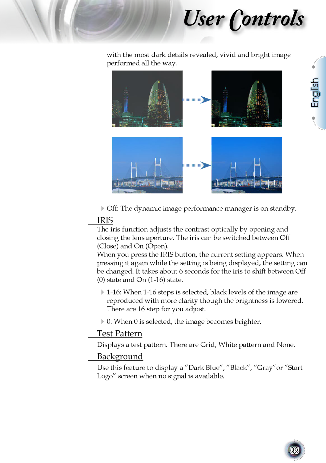 Optoma Technology 1080p DLP manual Test Pattern, Background 